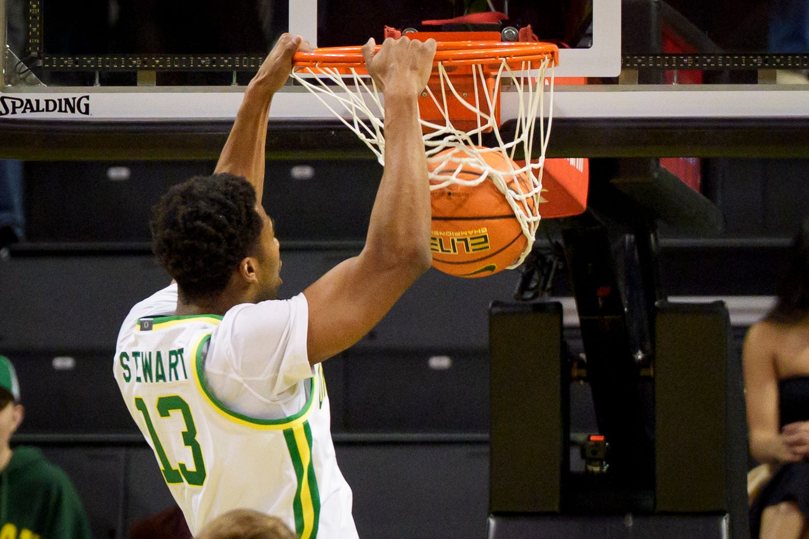 Oregon forward Sean Stewart dunks the ball as the Oregon Ducks host the UC Davis Aggies on Dec. 13, 2025, at Matthew Knight Arena in Eugene, Oregon.