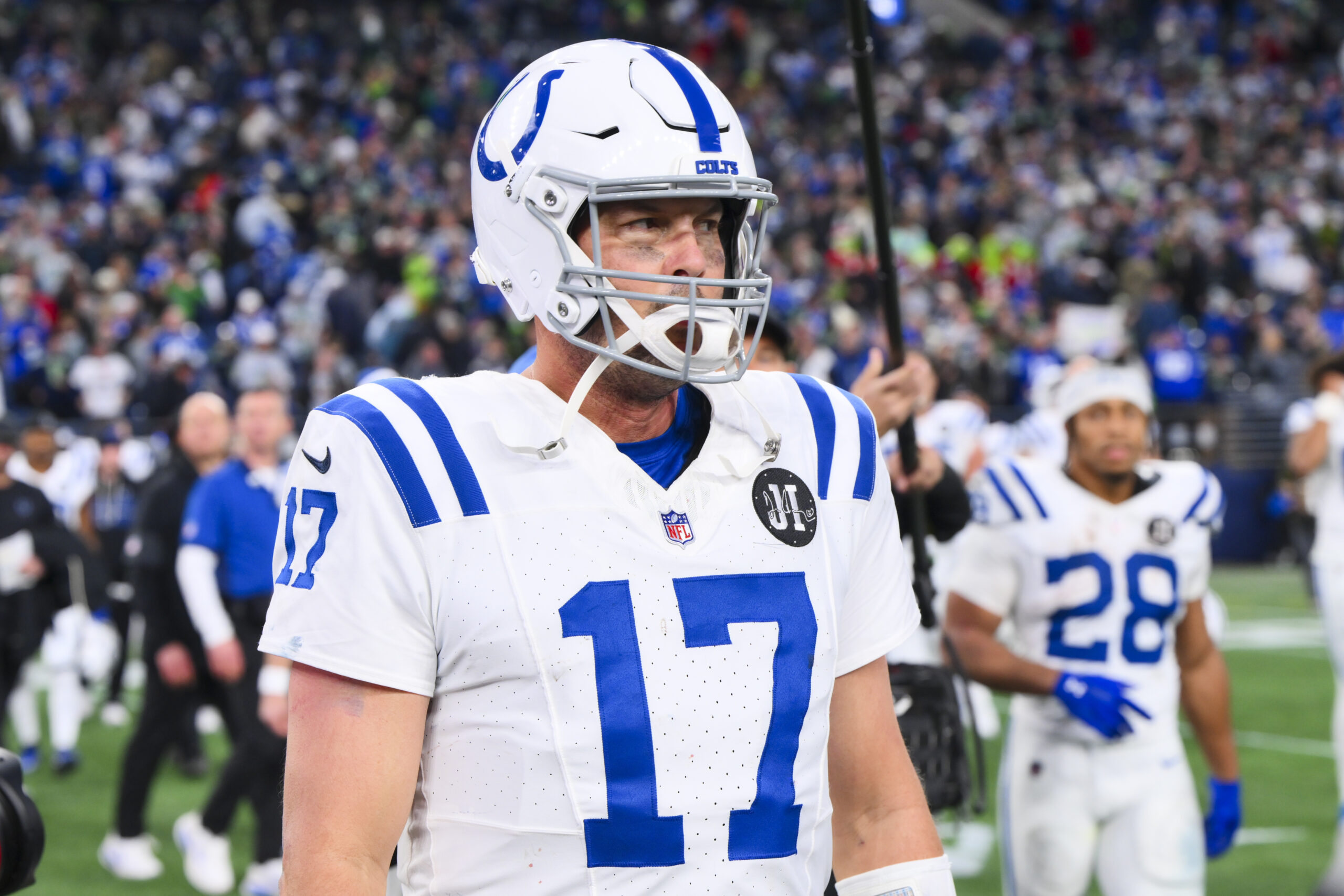 Dec 14, 2025; Seattle, Washington, USA; Indianapolis Colts quarterback Philip Rivers (17) walks to the locker room following a loss against the Seattle Seahawks Colts at Lumen Field. Mandatory Credit: Steven Bisig-Imagn Images