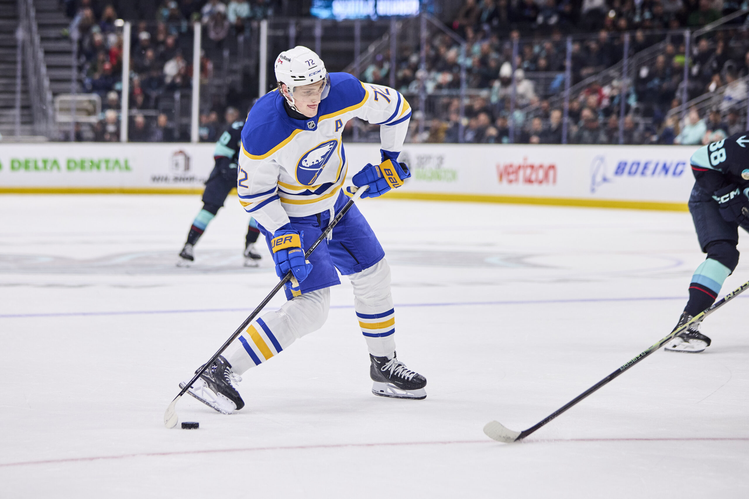 Dec 14, 2025; Seattle, Washington, USA;  Buffalo Sabres center Tage Thompson (72) looks to shoot during the first period against the Seattle Kraken at Climate Pledge Arena. Mandatory Credit: Blake Dahlin-Imagn Images