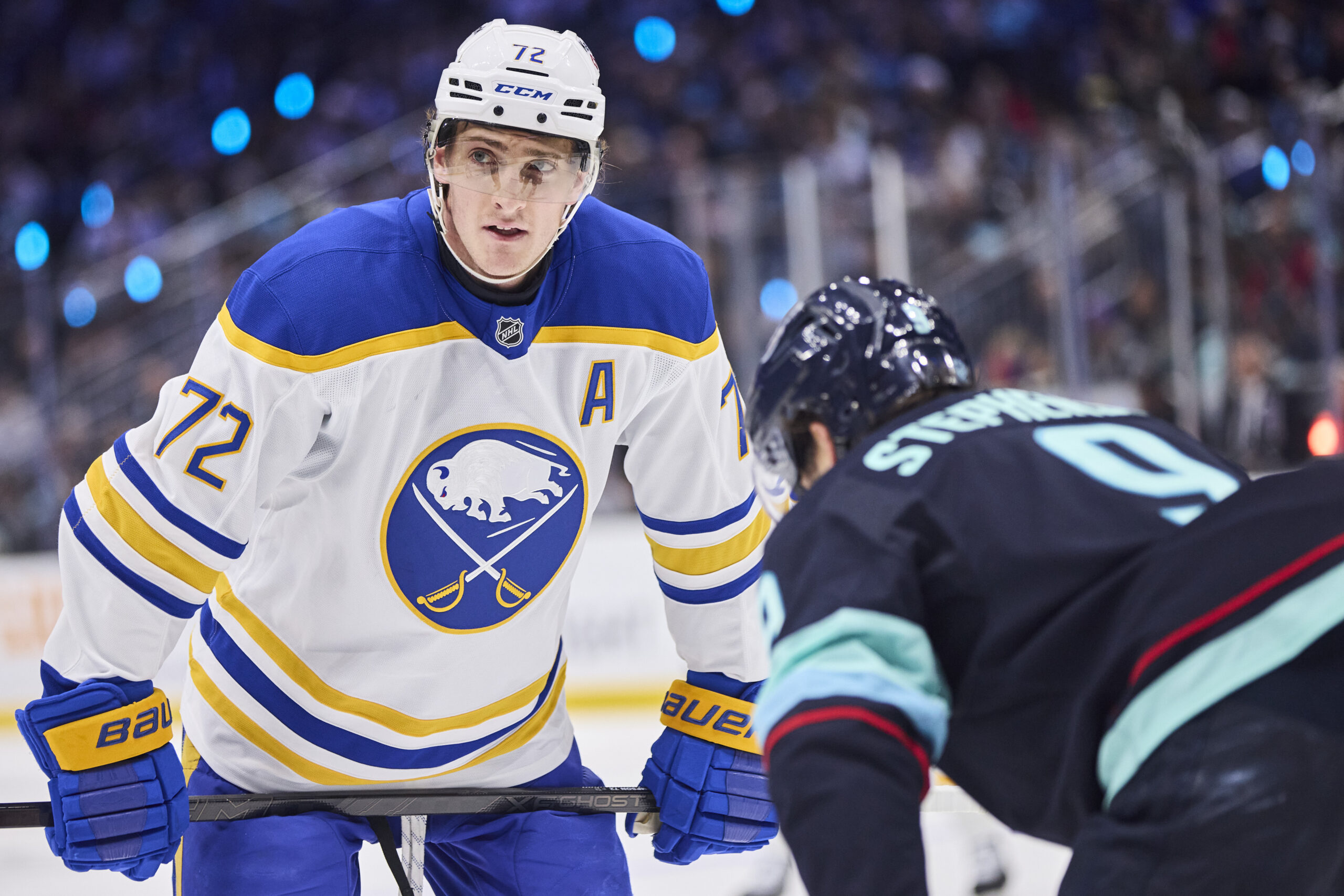 Dec 14, 2025; Seattle, Washington, USA; Buffalo Sabres center Tage Thompson (72) looks on before a face off during the first period against the Seattle Kraken at Climate Pledge Arena. Mandatory Credit: Blake Dahlin-Imagn Images