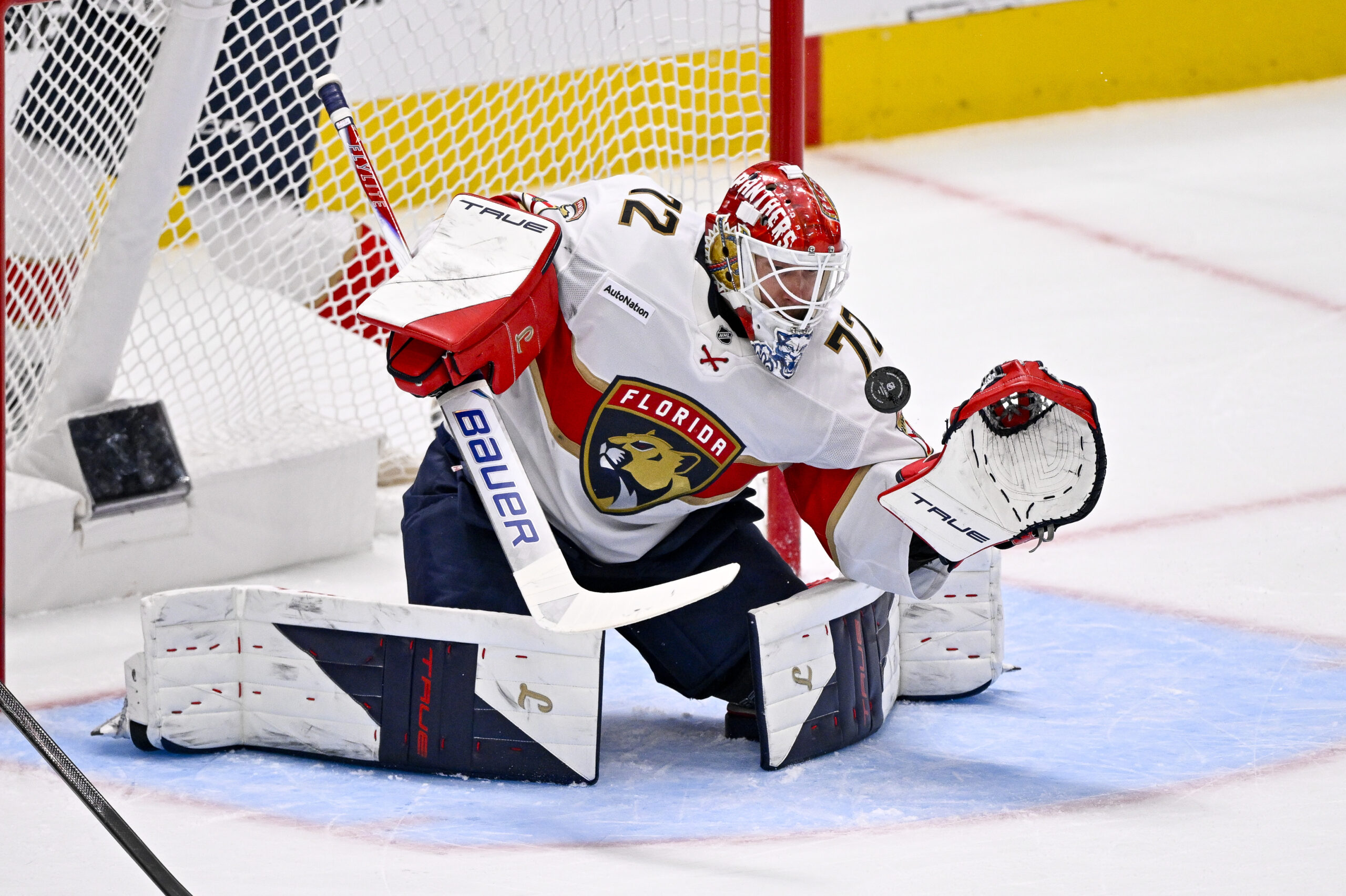 Dec 13, 2025; Dallas, Texas, USA; Florida Panthers goaltender Sergei Bobrovsky (72) makes a save on a Dallas Stars shot during the game at the American Airlines Center. Mandatory Credit: Jerome Miron-Imagn Images