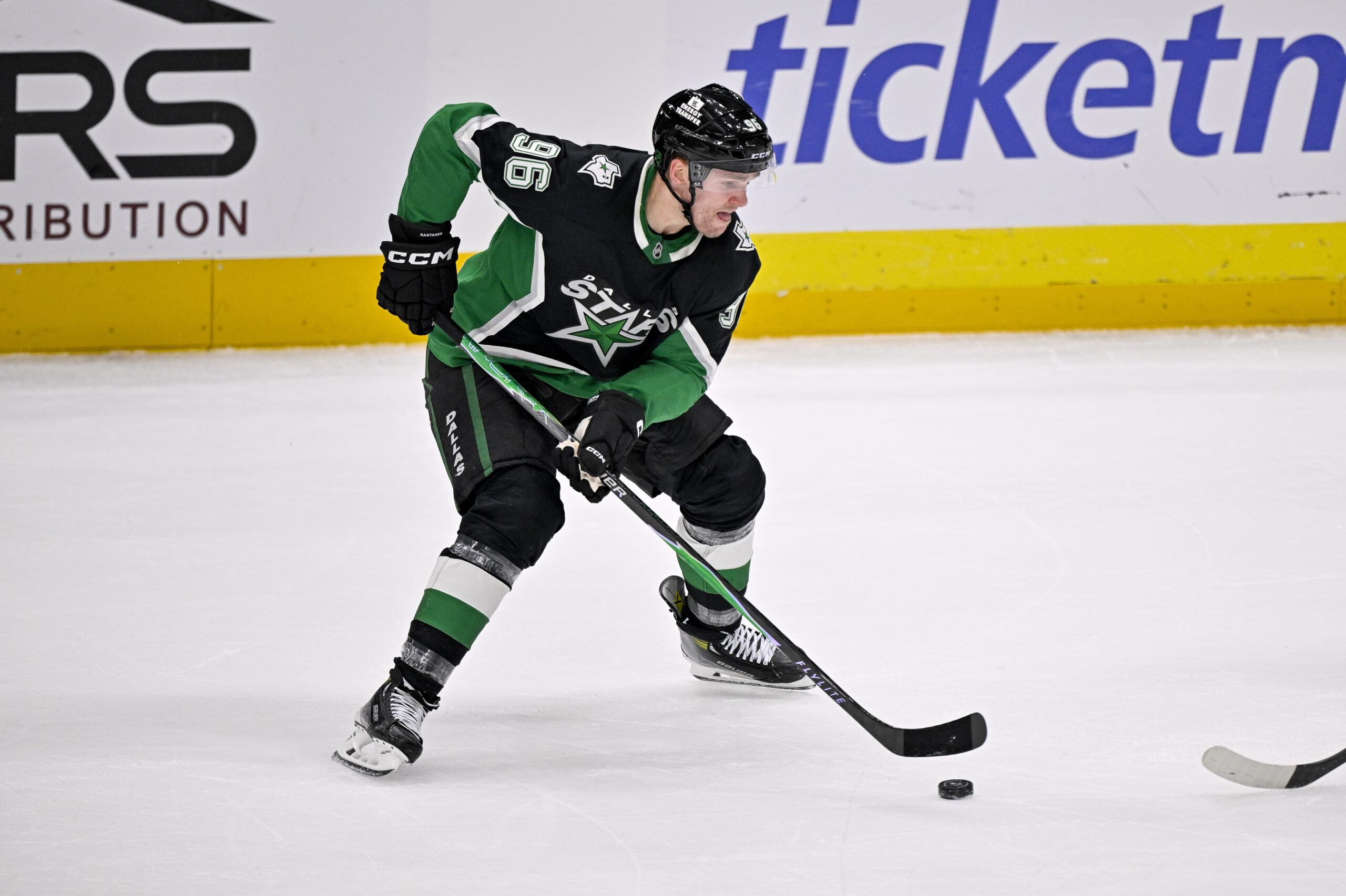 Dec 13, 2025; Dallas, Texas, USA; Dallas Stars right wing Mikko Rantanen (96) skates against the Florida Panthers during the game at the American Airlines Center. Mandatory Credit: Jerome Miron-Imagn Images