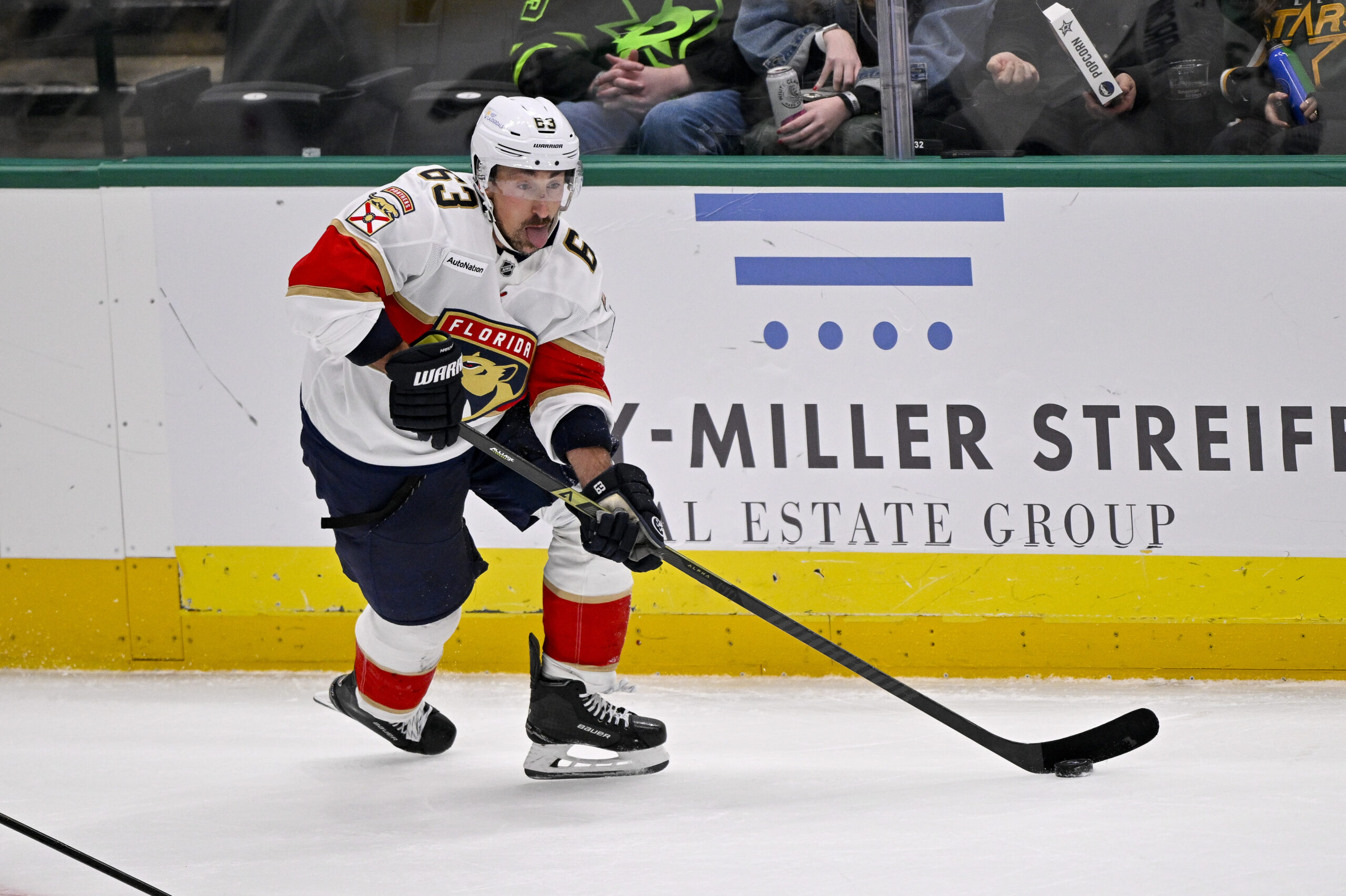 Dec 13, 2025; Dallas, Texas, USA; Florida Panthers left wing Brad Marchand (63) skates against the Dallas Stars during the game at the American Airlines Center. Mandatory Credit: Jerome Miron-Imagn Images