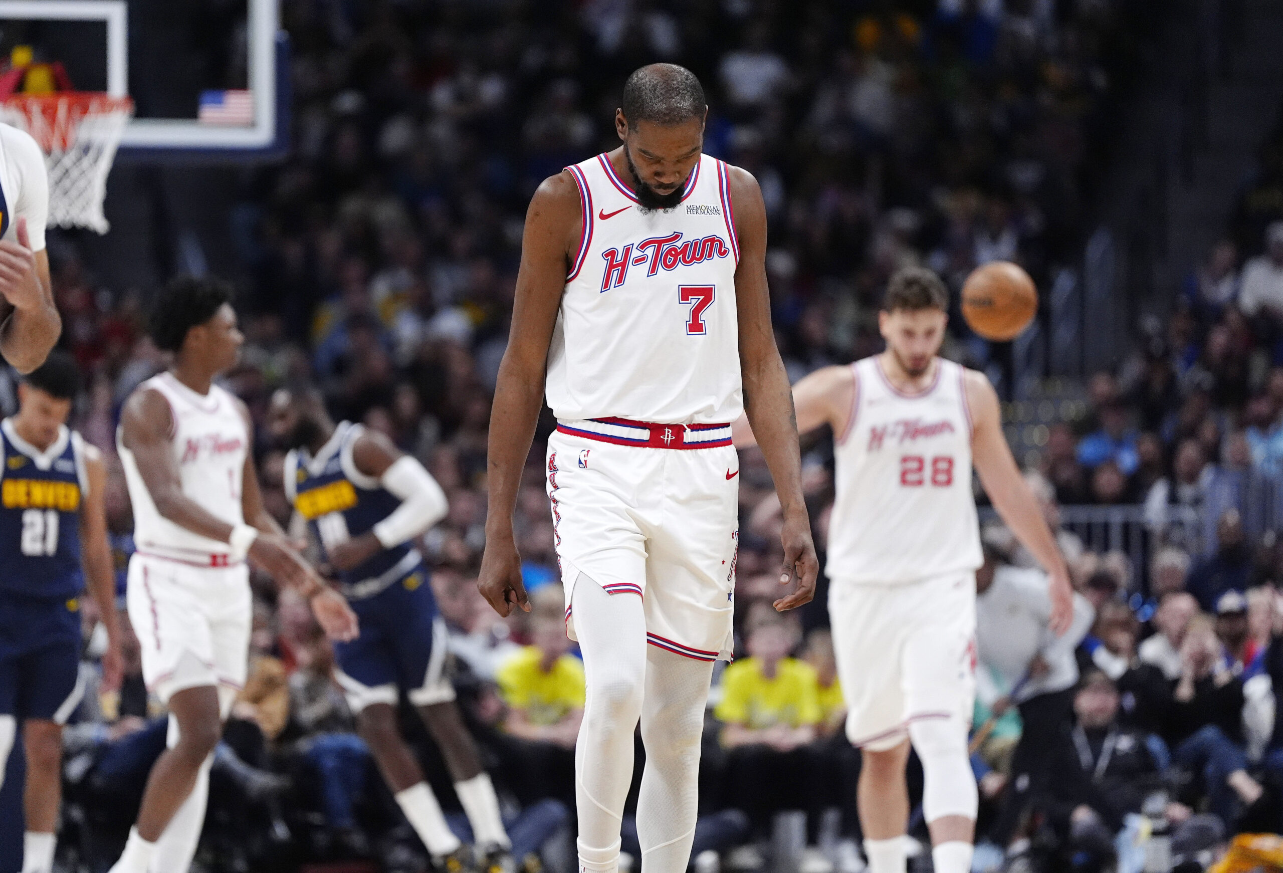Dec 15, 2025; Denver, Colorado, USA; Houston Rockets forward Kevin Durant (7) reacts in the fourth quarter against the Denver Nuggets at Ball Arena. Mandatory Credit: Ron Chenoy-Imagn Images
