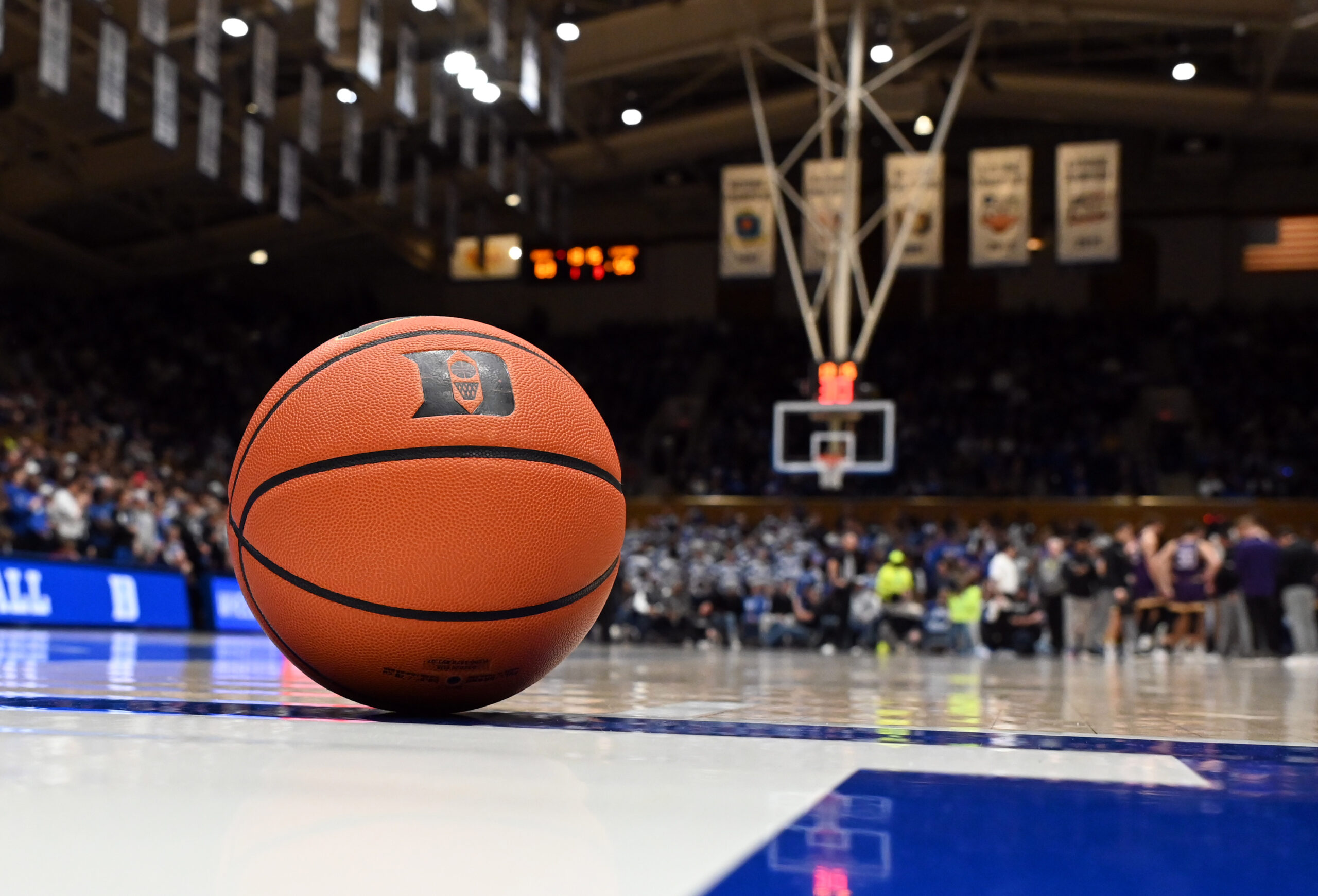 Dec 16, 2025; Durham, North Carolina, USA;  A general view of the game ball during a break in the second half between the Duke Blue Devils and Lipscomb Bisons at Cameron Indoor Stadium. The Blue Devils won 97-73.  Mandatory Credit: Rob Kinnan-Imagn Images