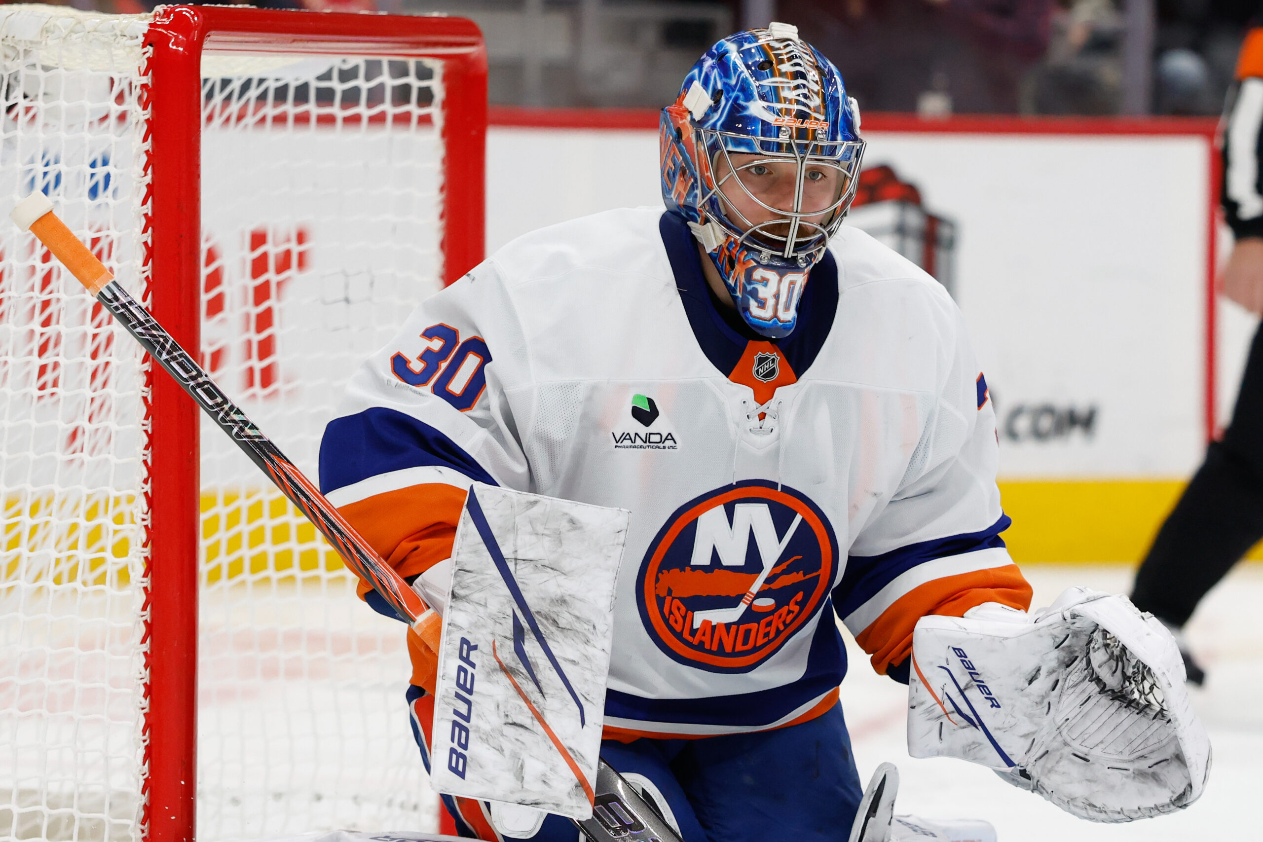 Dec 16, 2025; Detroit, Michigan, USA;  New York Islanders goaltender Ilya Sorokin (30) tends goal in the second period against the Detroit Red Wings at Little Caesars Arena. Mandatory Credit: Rick Osentoski-Imagn Images