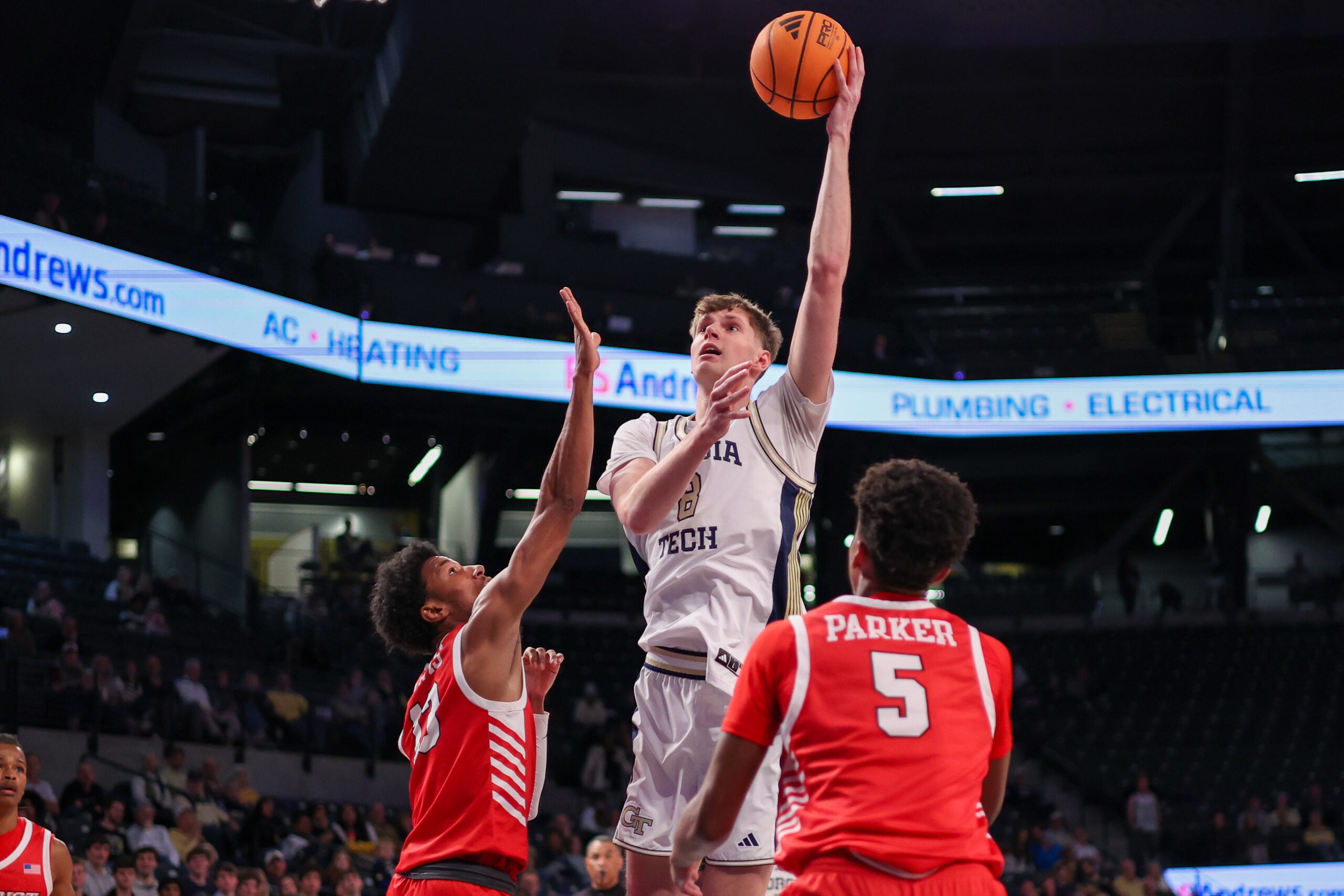 Dec 16, 2025; Atlanta, Georgia, USA; Georgia Tech Yellow Jackets center Cole Kirouac (8) shoots against the Marist Red Foxes in the second half at McCamish Pavilion. Mandatory Credit: Brett Davis-Imagn Images