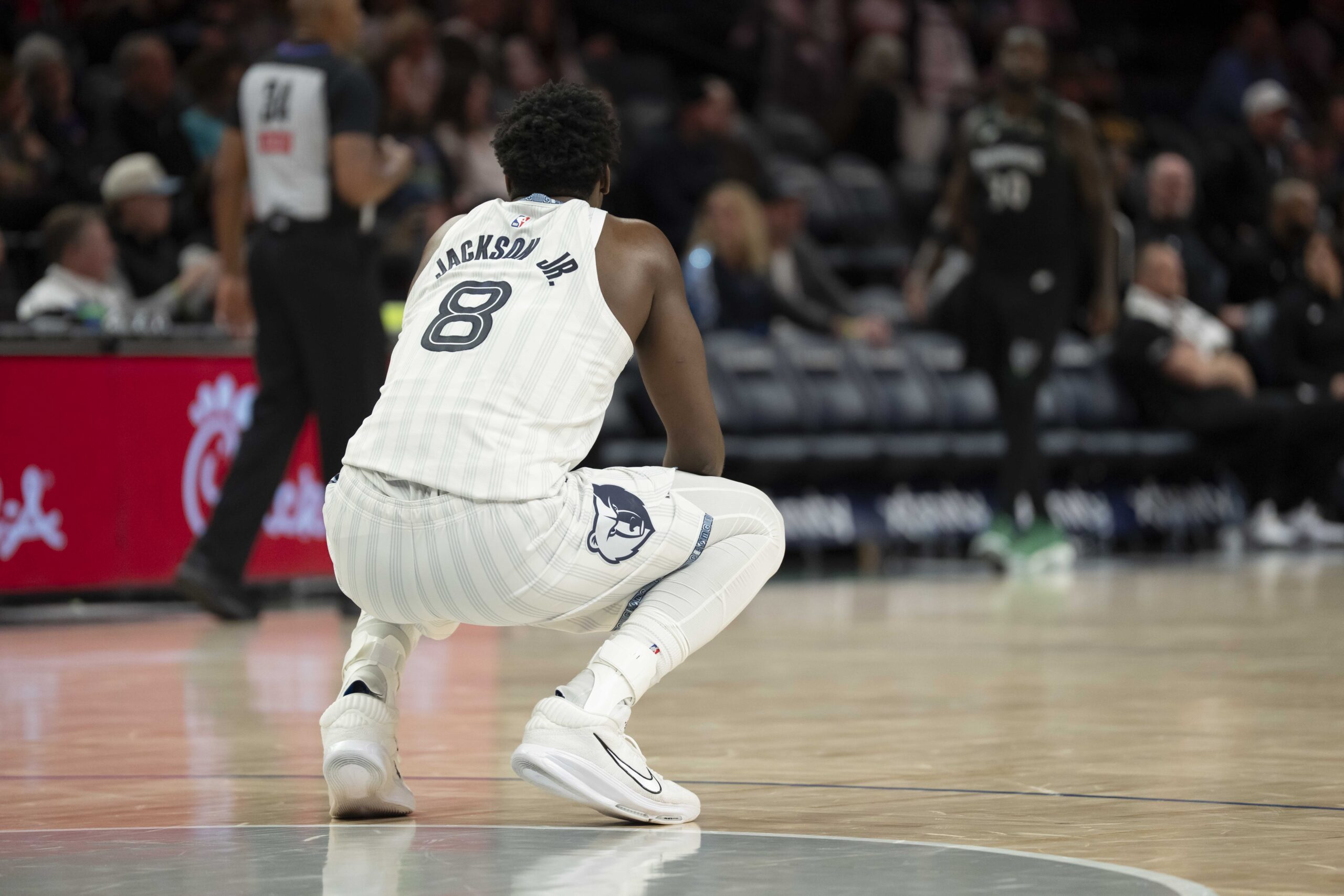Dec 17, 2025; Minneapolis, Minnesota, USA; Memphis Grizzlies forward Jaren Jackson Jr. (8) looks on against the Minnesota Timberwolves in the second half at Target Center. Mandatory Credit: Jesse Johnson-Imagn Images