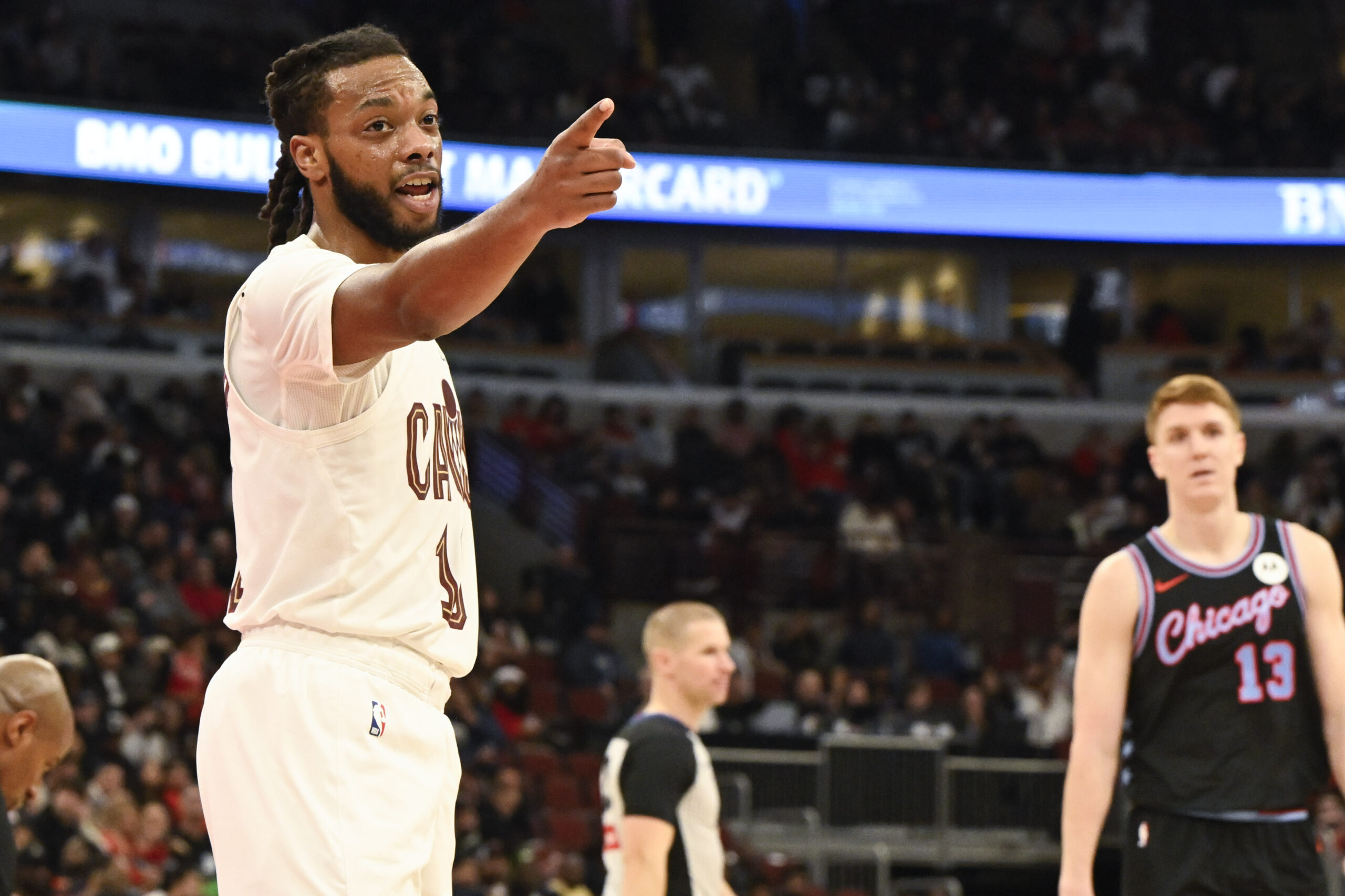Dec 17, 2025; Chicago, Illinois, USA;  Cleveland Cavaliers guard Darius Garland (10) points towards the Chicago Bulls bench during the second half at United Center. Mandatory Credit: Matt Marton-Imagn Images
