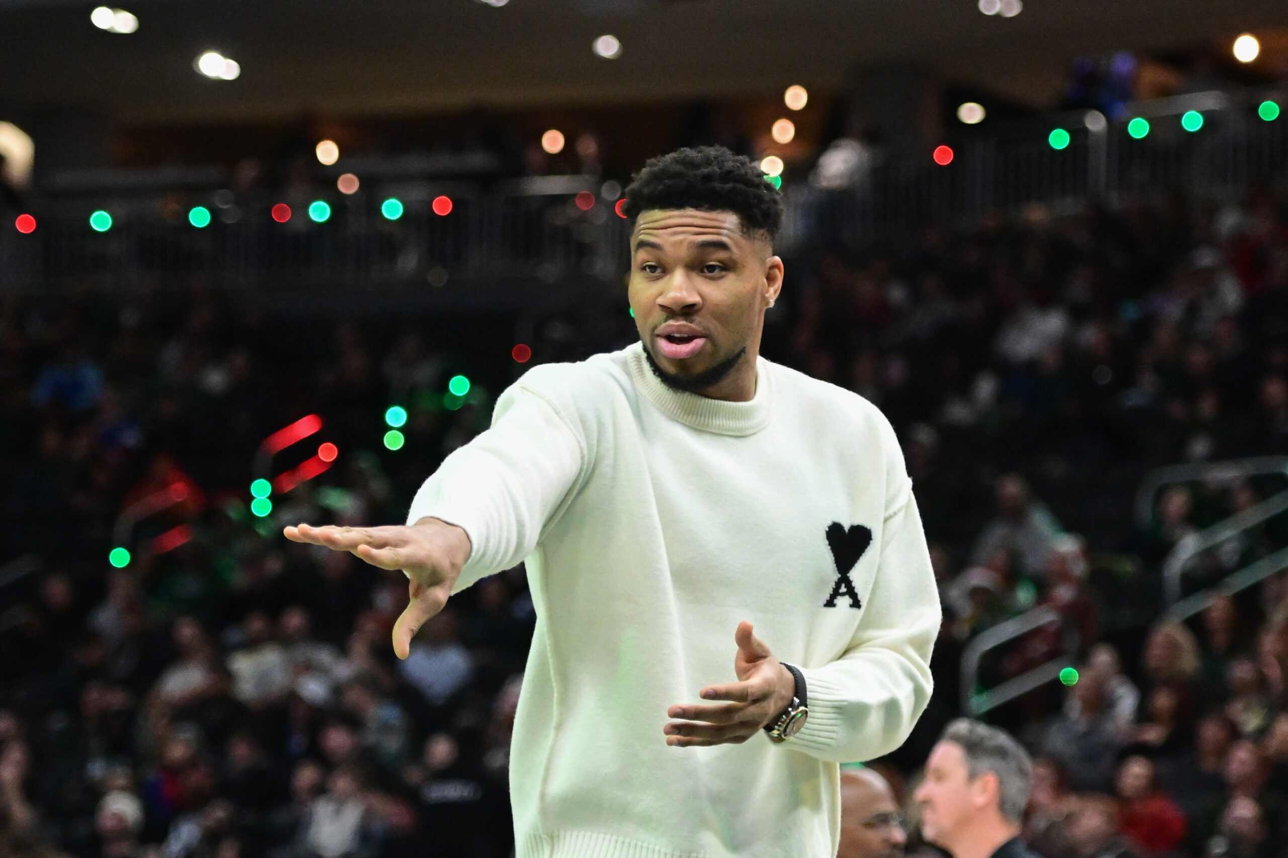 Dec 18, 2025; Milwaukee, Wisconsin, USA;  Milwaukee Bucks forward Giannis Antetokounmpo (34) during the fourth quarter against the Toronto Raptors while recovering from an injury at Fiserv Forum. Mandatory Credit: Benny Sieu-Imagn Images