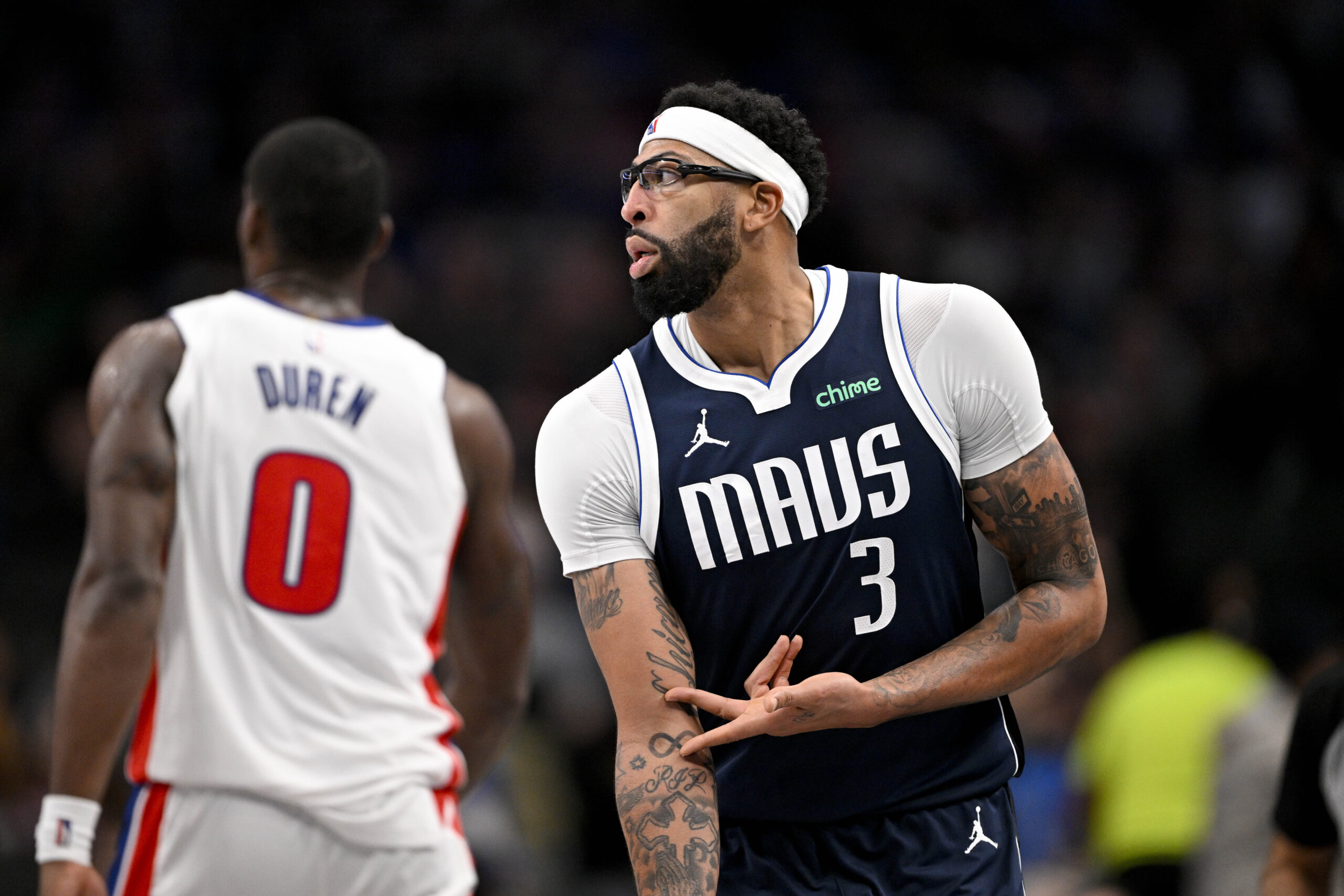 Dec 18, 2025; Dallas, Texas, USA; Dallas Mavericks forward Anthony Davis (3) celebrates after making a three point basket against the Detroit Pistons during the second half at the American Airlines Center. Mandatory Credit: Jerome Miron-Imagn Images