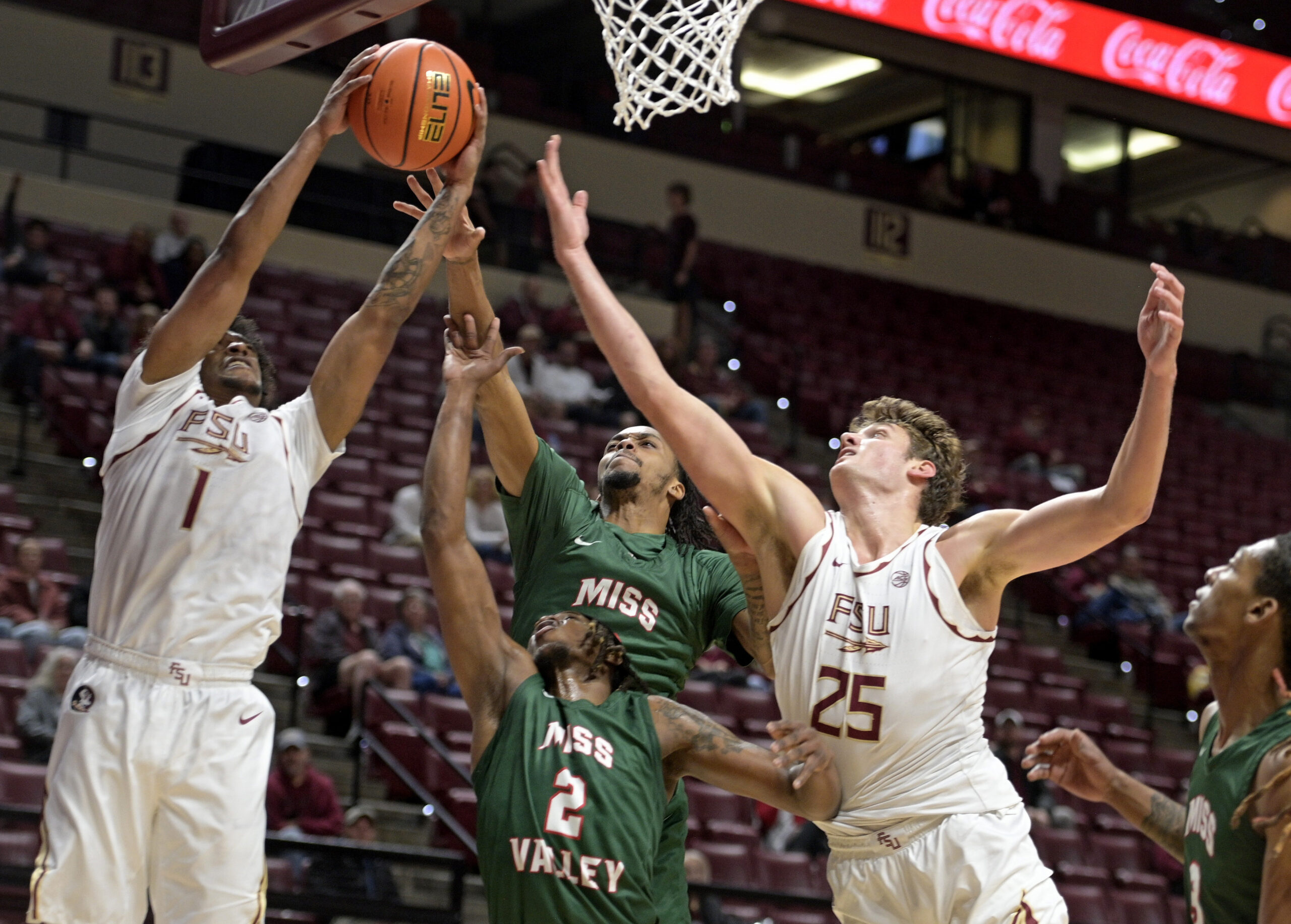 Dec 19, 2025; Tallahassee, Florida, USA; Florida State Seminoles guard Martin Somerville (1) comes up with a rebound during the first half against the Mississippi Valley State Delta Devils at Donald L. Tucker Center. Mandatory Credit: Melina Myers-Imagn Images