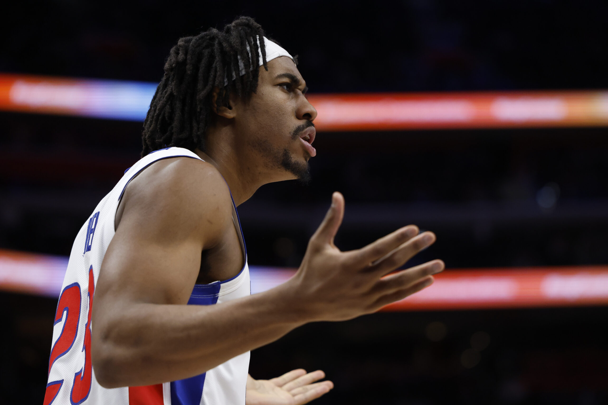 Dec 20, 2025; Detroit, Michigan, USA;  Detroit Pistons guard Jaden Ivey (23) reacts in the second half against the Charlotte Hornets at Little Caesars Arena. Mandatory Credit: Rick Osentoski-Imagn Images