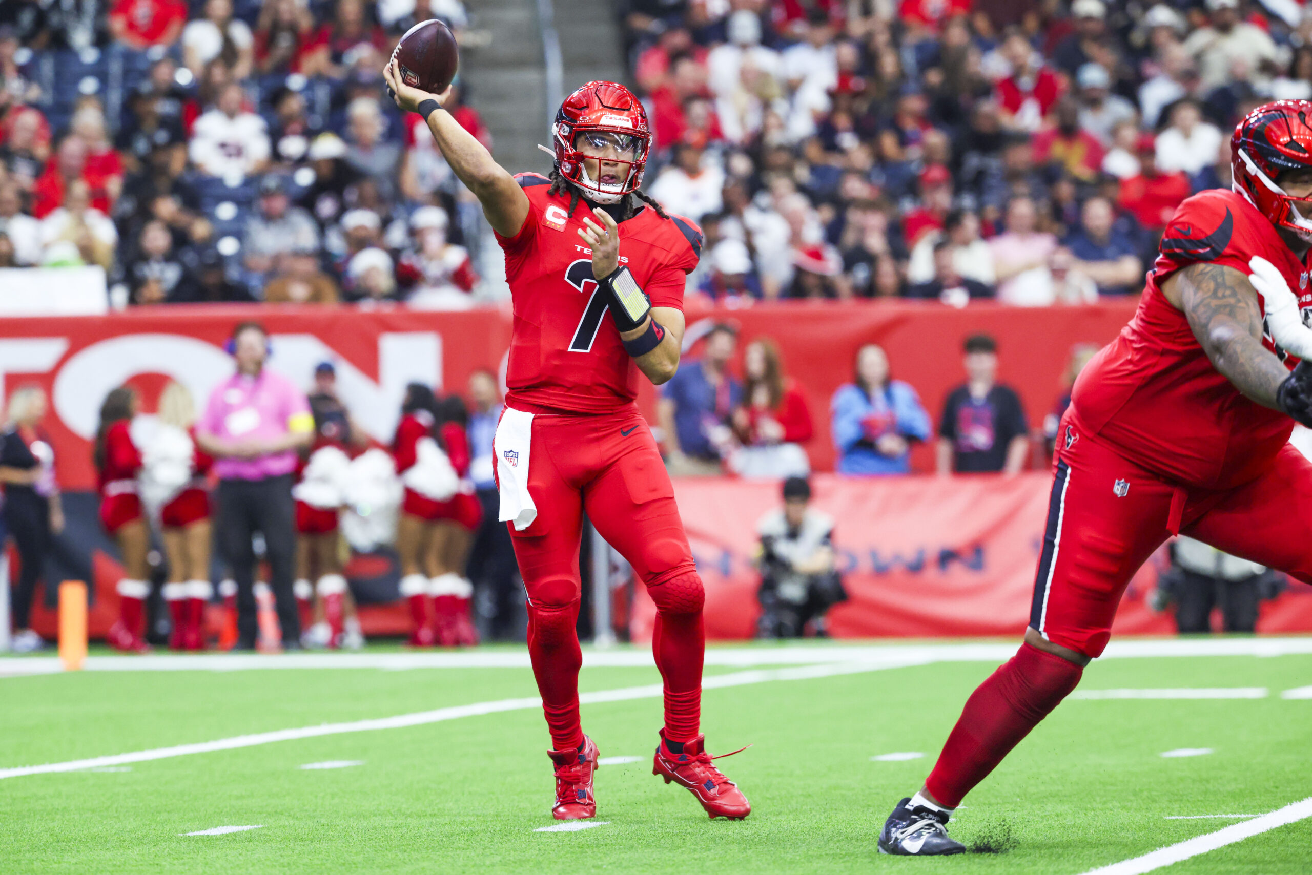 Dec 21, 2025; Houston, Texas, USA; Houston Texans quarterback C.J. Stroud (7) passes against the Las Vegas Raiders during the first quarter at NRG Stadium. Mandatory Credit: Troy Taormina-Imagn Images