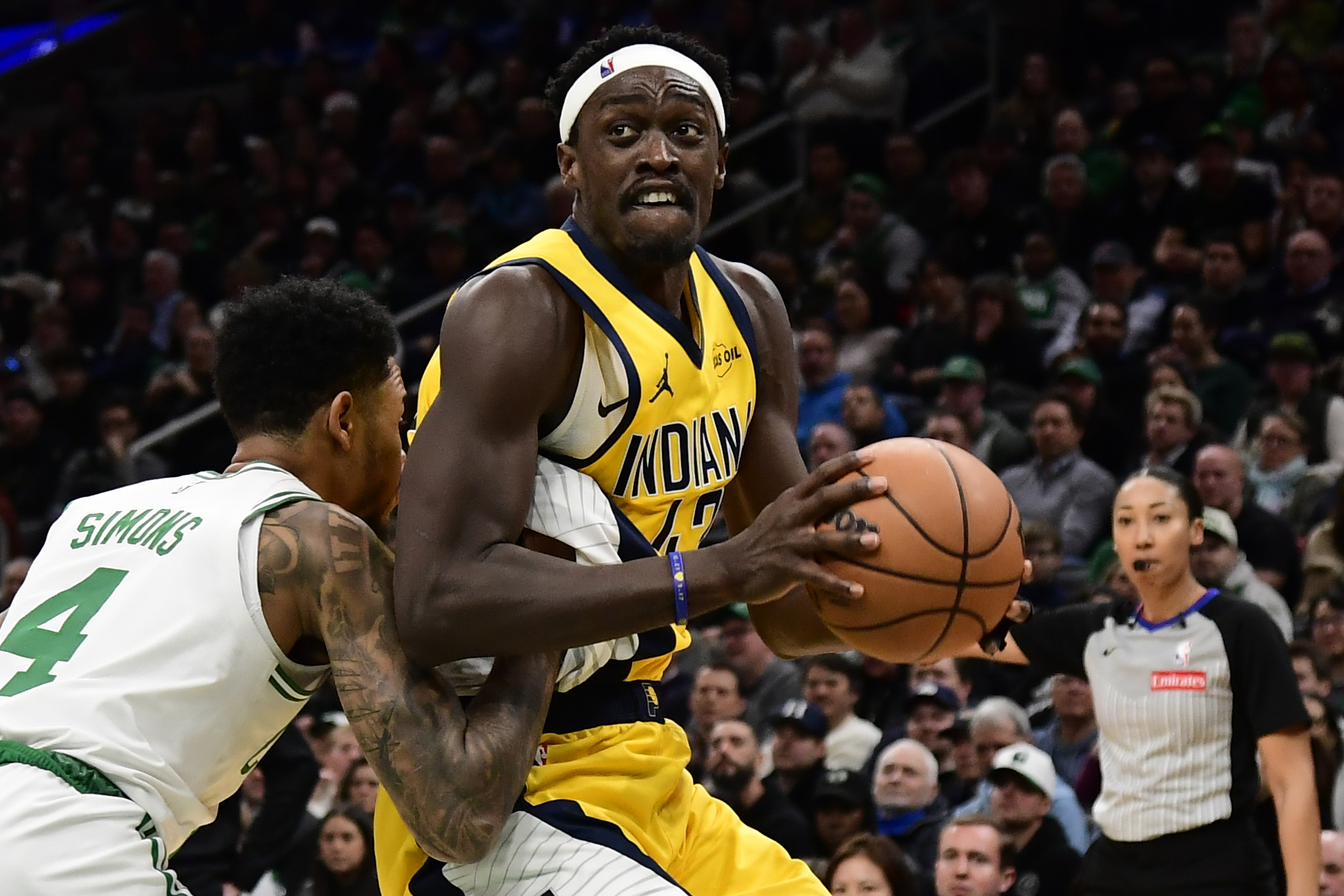 Dec 22, 2025; Boston, Massachusetts, USA; Indiana Pacers forward Pascal Siakam (43) controls the ball while Indiana Pacers guard Taelon Peter (4) defends during the second half at TD Garden. Mandatory Credit: Bob DeChiara-Imagn Images