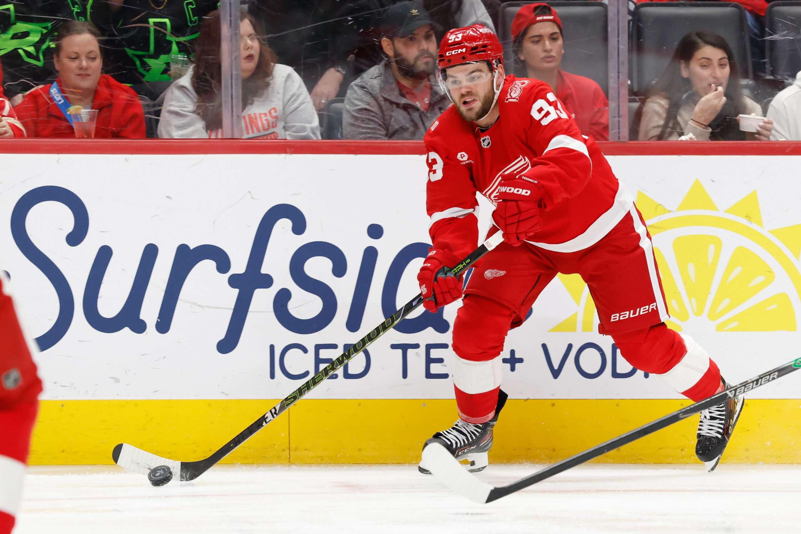 Dec 23, 2025; Detroit, Michigan, USA;  Detroit Red Wings right wing Alex Debrincat (93) skates with the puck in the third period against the Dallas Stars at Little Caesars Arena. Mandatory Credit: Rick Osentoski-Imagn Images