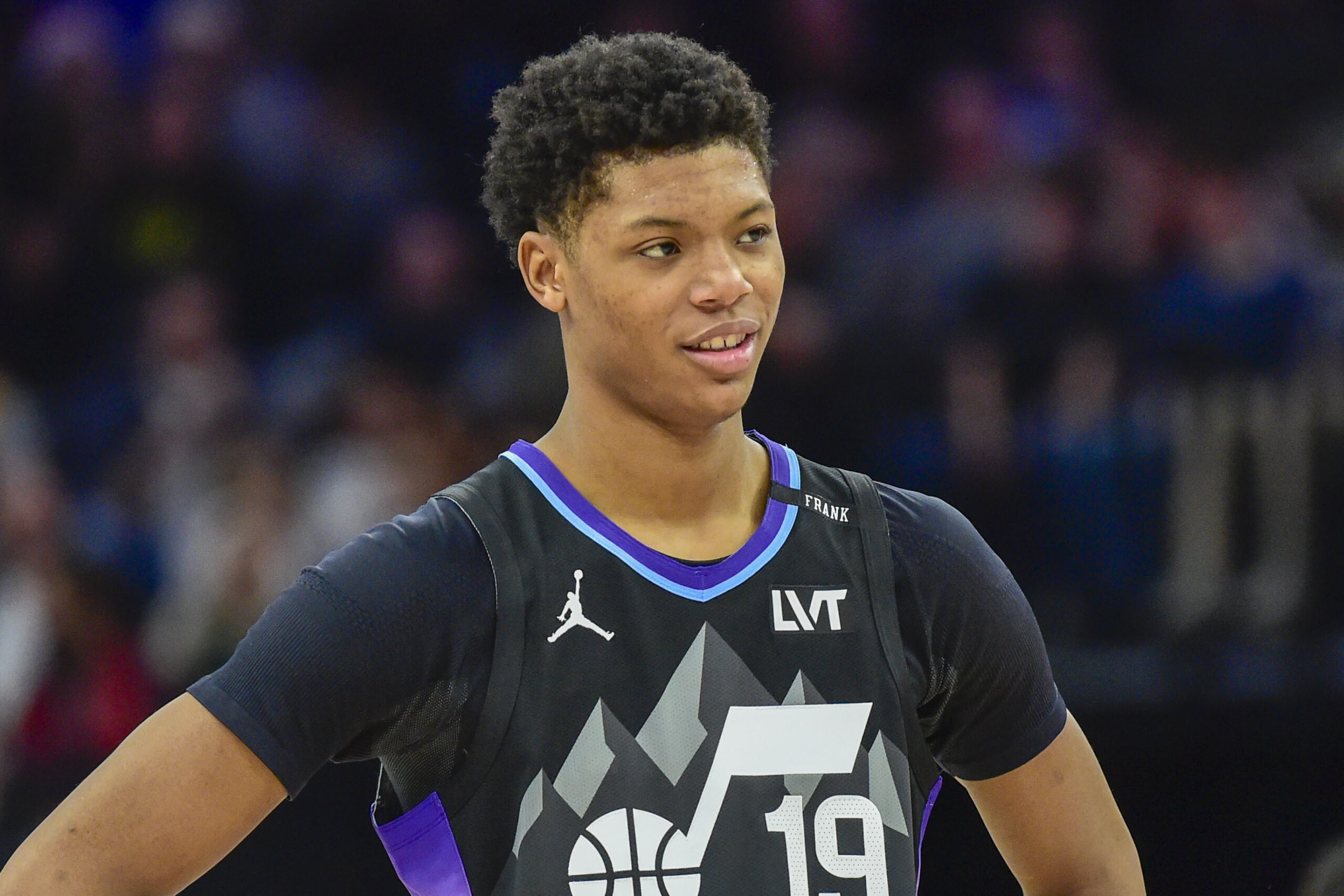 Dec 23, 2025; Salt Lake City, Utah, USA; Utah Jazz forward Ace Bailey (19) reacts to a call during the second half against the Memphis Grizzlies at Delta Center. Mandatory Credit: Peter Creveling-Imagn Images