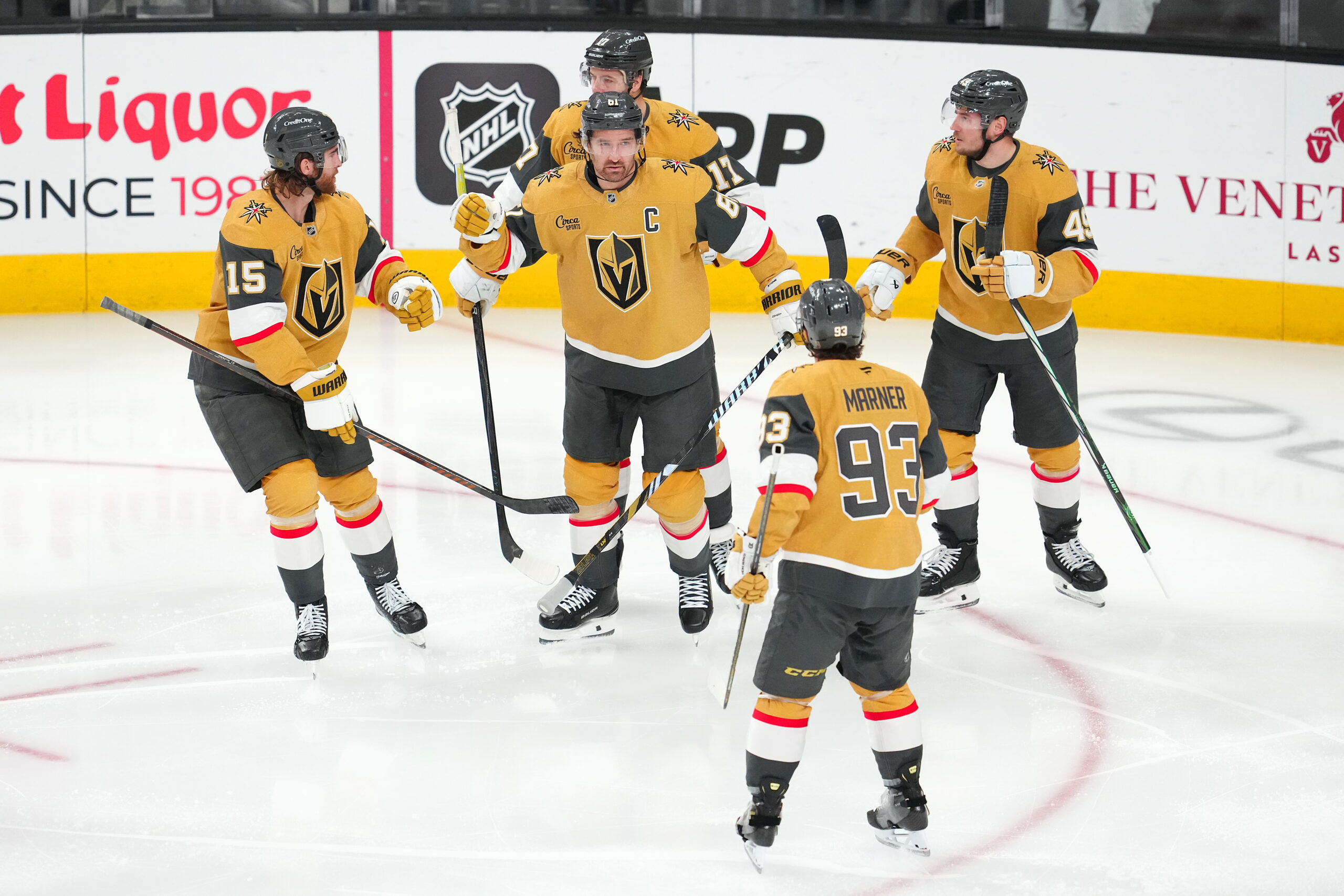 Dec 29, 2025; Las Vegas, Nevada, USA; Vegas Golden Knights right wing Mark Stone (61) celebrates after scoring a goal against the Minnesota Wild during the third period at T-Mobile Arena. Mandatory Credit: Stephen R. Sylvanie-Imagn Images
