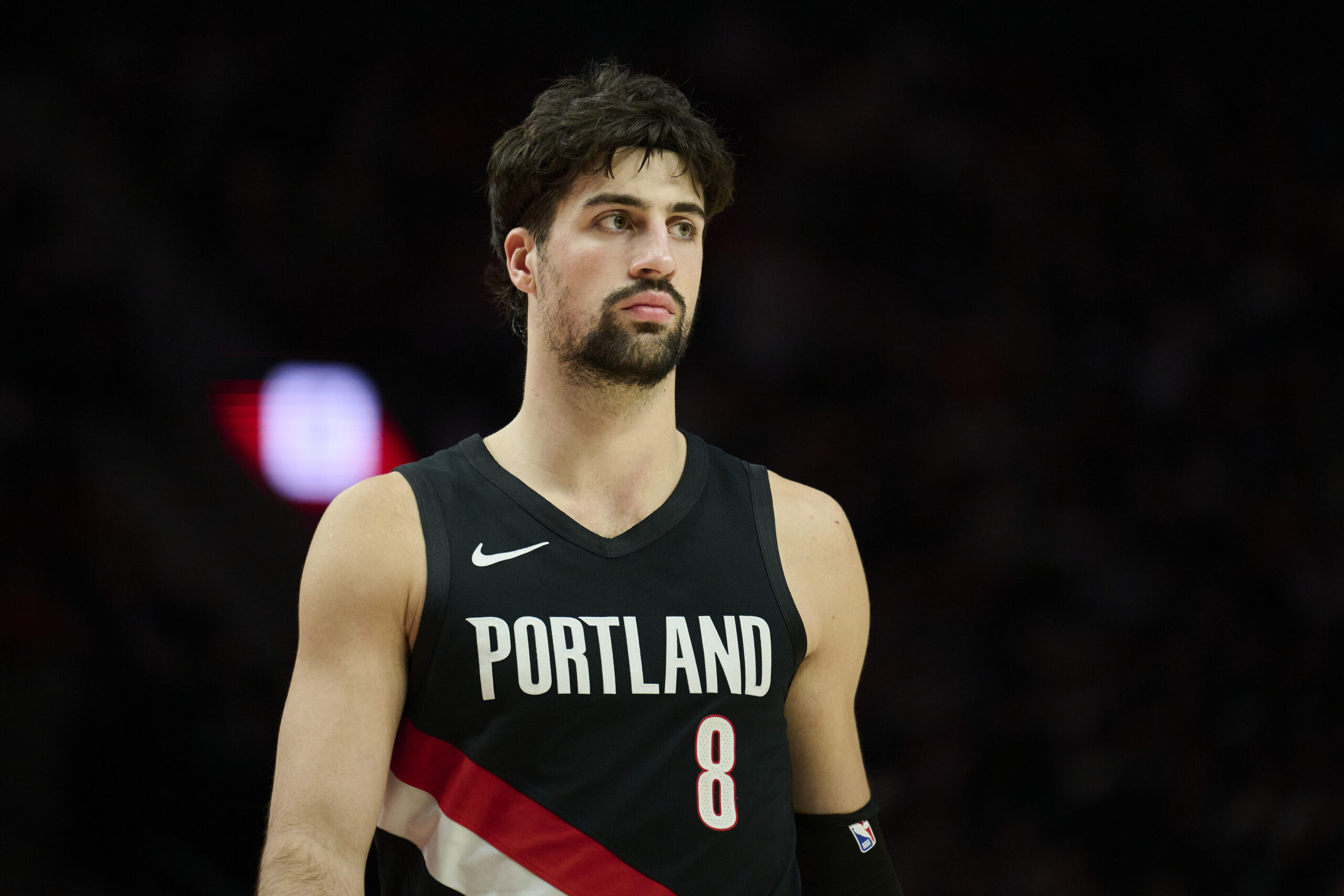 Dec 29, 2025; Portland, Oregon, USA; Portland Trail Blazers forward Deni Avdija (8) walks on the court during a break in the action during the second half against the Dallas Mavericks at Moda Center. Mandatory Credit: Troy Wayrynen-Imagn Images