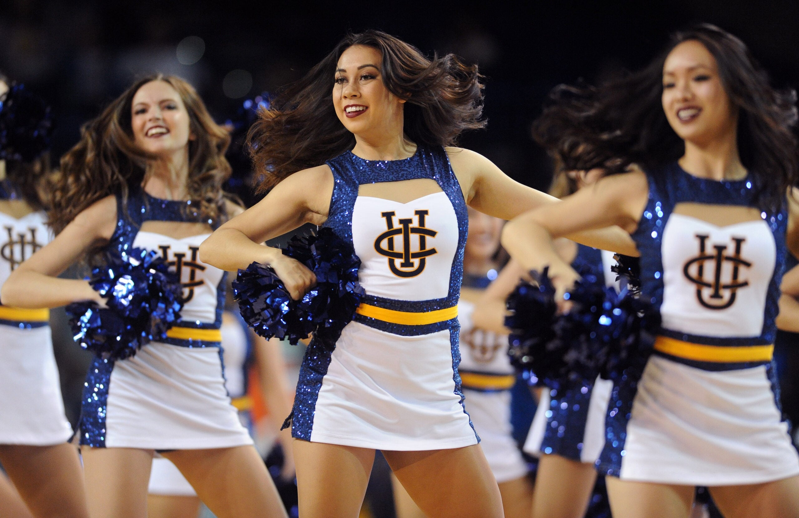 Jan 4, 2017; Irvine, CA, USA; UC Irvine Anteaters cheerleaders perform during a pause in play during the second half against the Long Beach State 49ers at Bren Events Center. The Anteaters won 82-67. Mandatory Credit: Orlando Ramirez-Imagn Images
