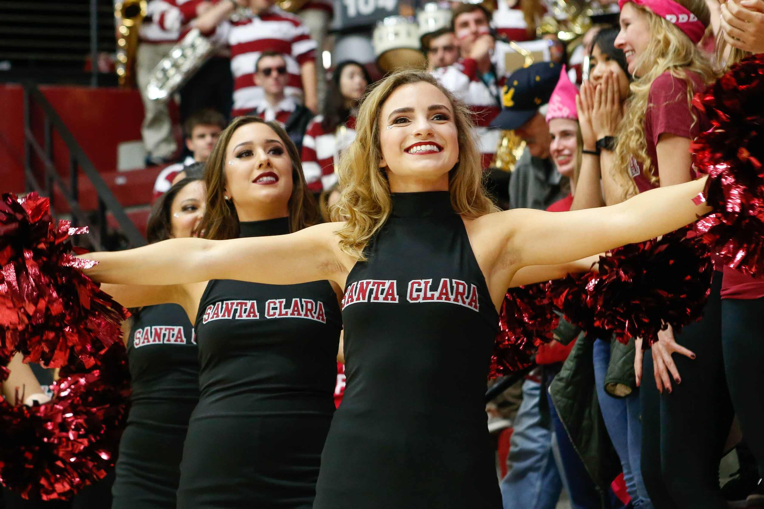 Jan 19, 2017; Santa Clara, CA, USA; Santa Clara Broncos cheerleaders prepare to perform for the crowd before the game against the Gonzaga Bulldogs at Leavey Center.  The Gonzaga Bulldogs defeated the Santa Clara Broncos with a score of 88-57. Mandatory Credit: Stan Szeto-Imagn Images