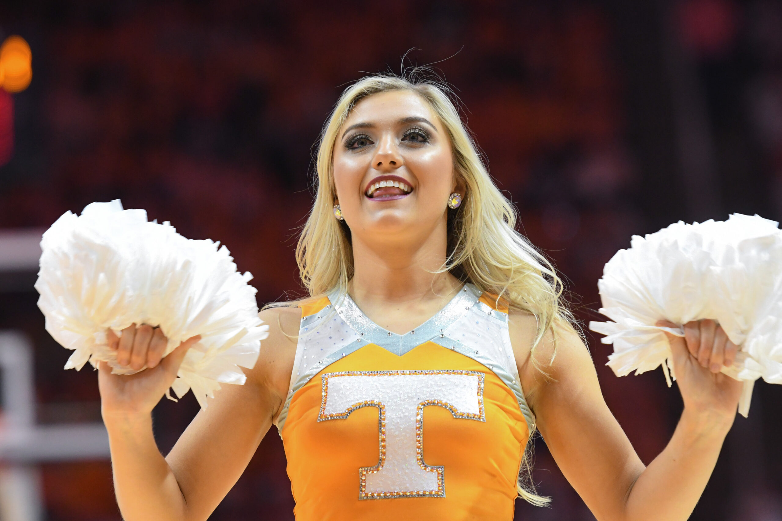 Feb 9, 2019; Knoxville, TN, USA; A Tennessee Volunteers cheerleader performs during a time out in the game against the Florida Gators at Thompson-Boling Arena. Mandatory Credit: Randy Sartin-Imagn Images