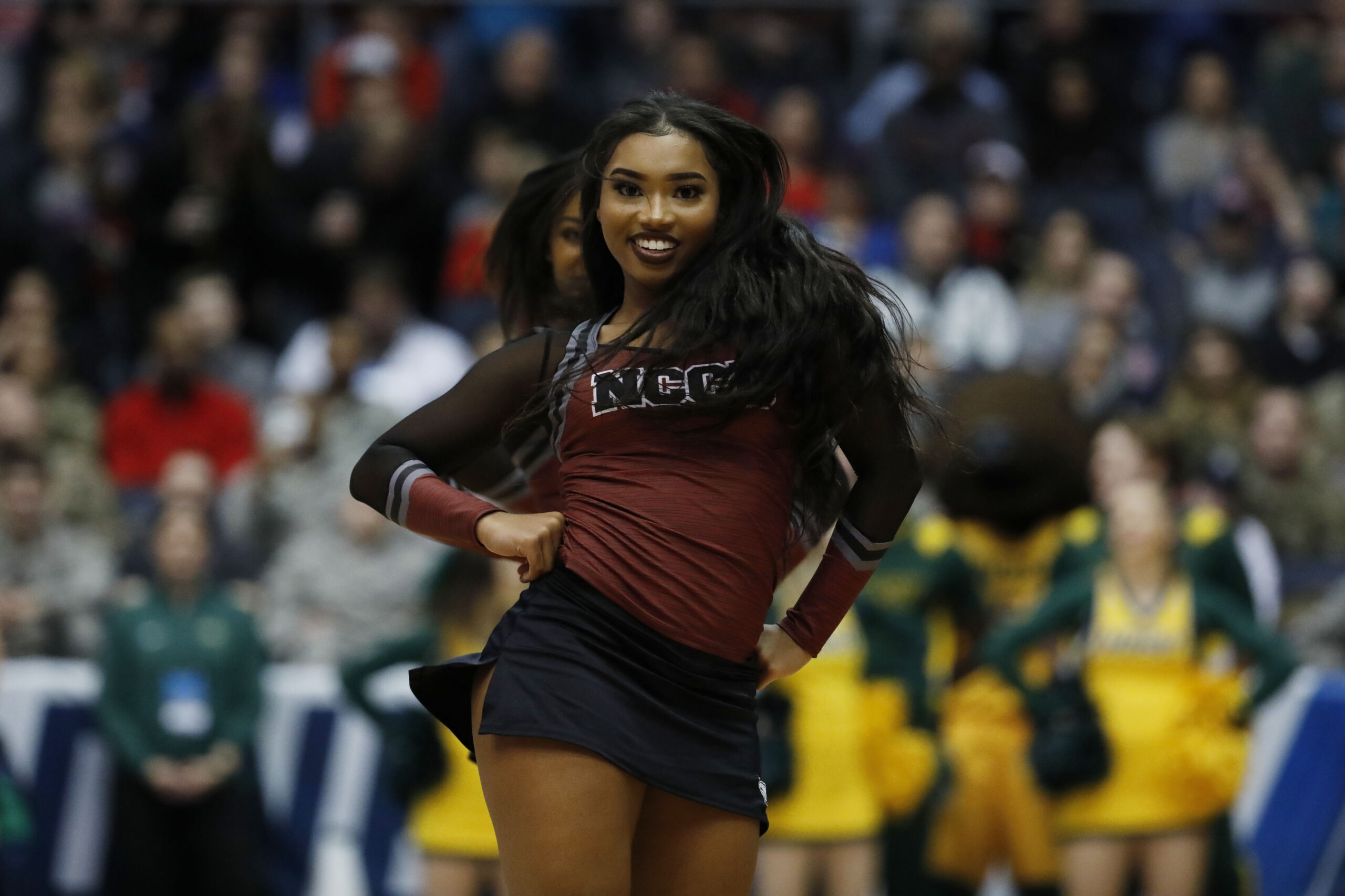 Mar 20, 2019; Dayton, OH, USA; North Carolina Central Eagles cheerleader in the second half against the North Dakota State Bison  in the First Four of the 2019 NCAA Tournament at Dayton Arena. Mandatory Credit: Rick Osentoski-Imagn Images