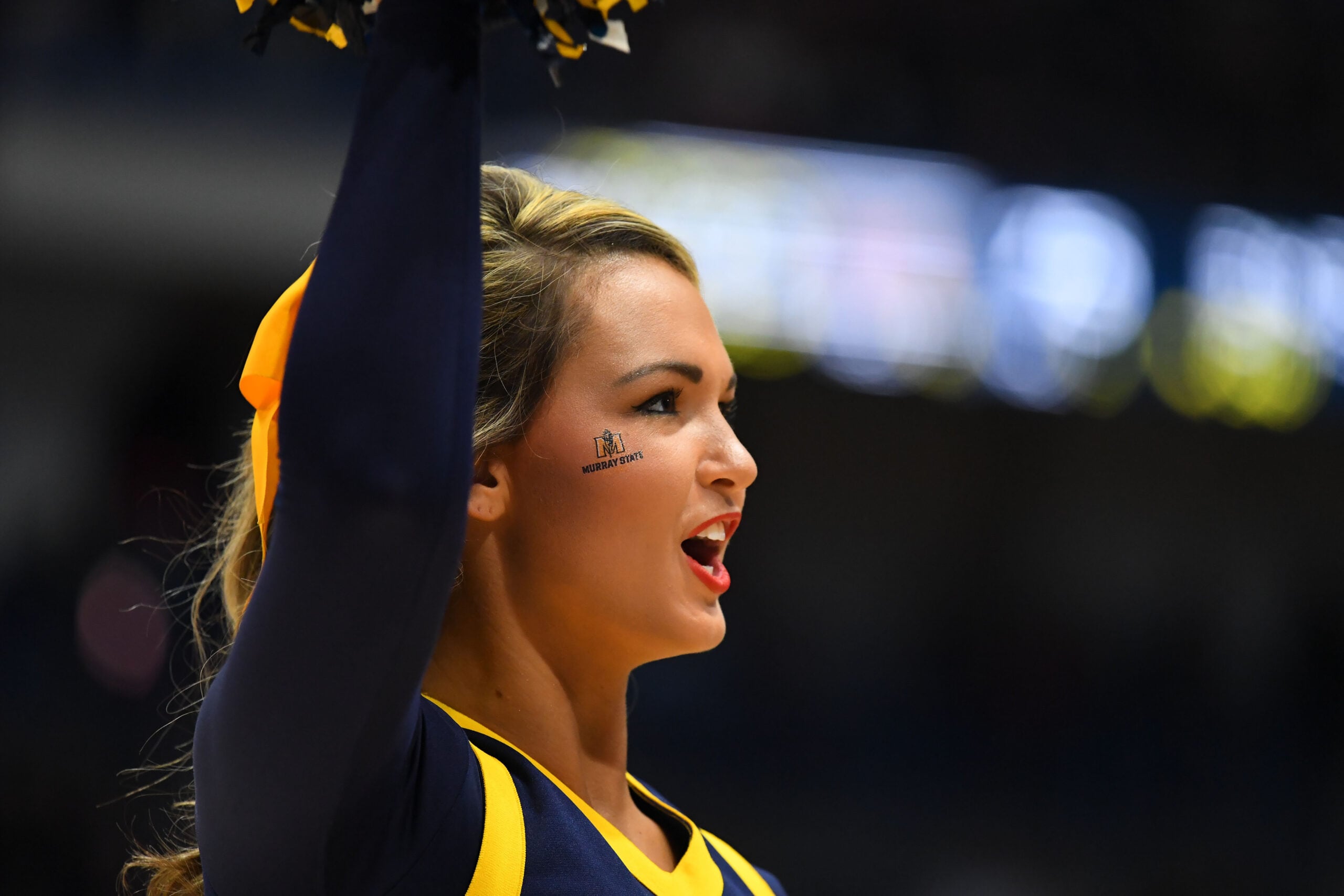 Mar 21, 2019; Hartford, CT, USA; A Murray State Racers cheerleader performs during the second half against the Marquette Golden Eagles of a game in the first round of the 2019 NCAA Tournament at XL Center. Mandatory Credit: Robert Deutsch-Imagn Images