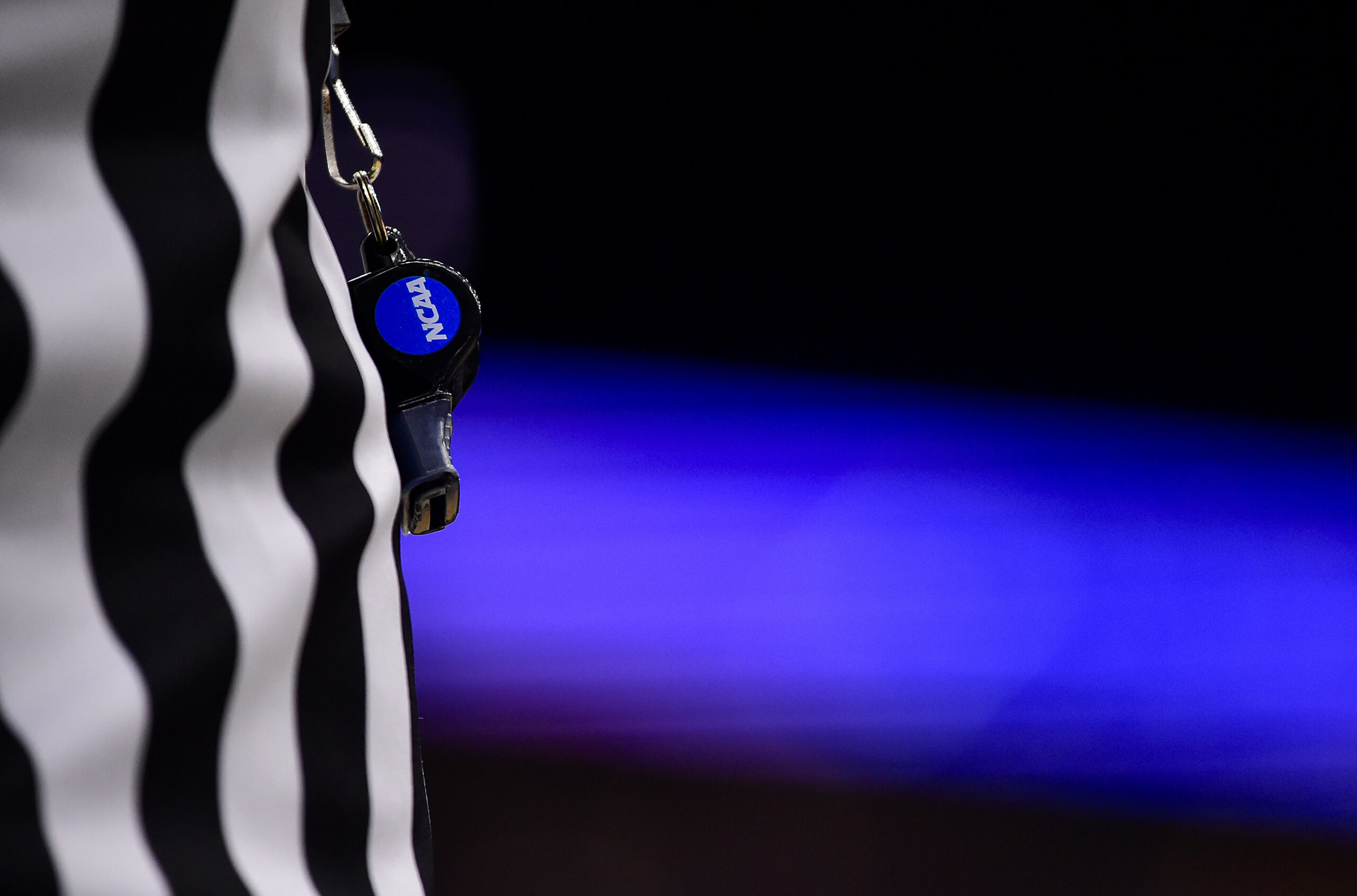 Mar 3, 2022; St. Louis, MO, USA;  A detail view of a referees whistle during the second half of a game between the Illinois State Redbirds and the Indiana State Sycamores in the Missouri Valley Conference Tournament at Enterprise Center. Mandatory Credit: Jeff Curry-Imagn Images
