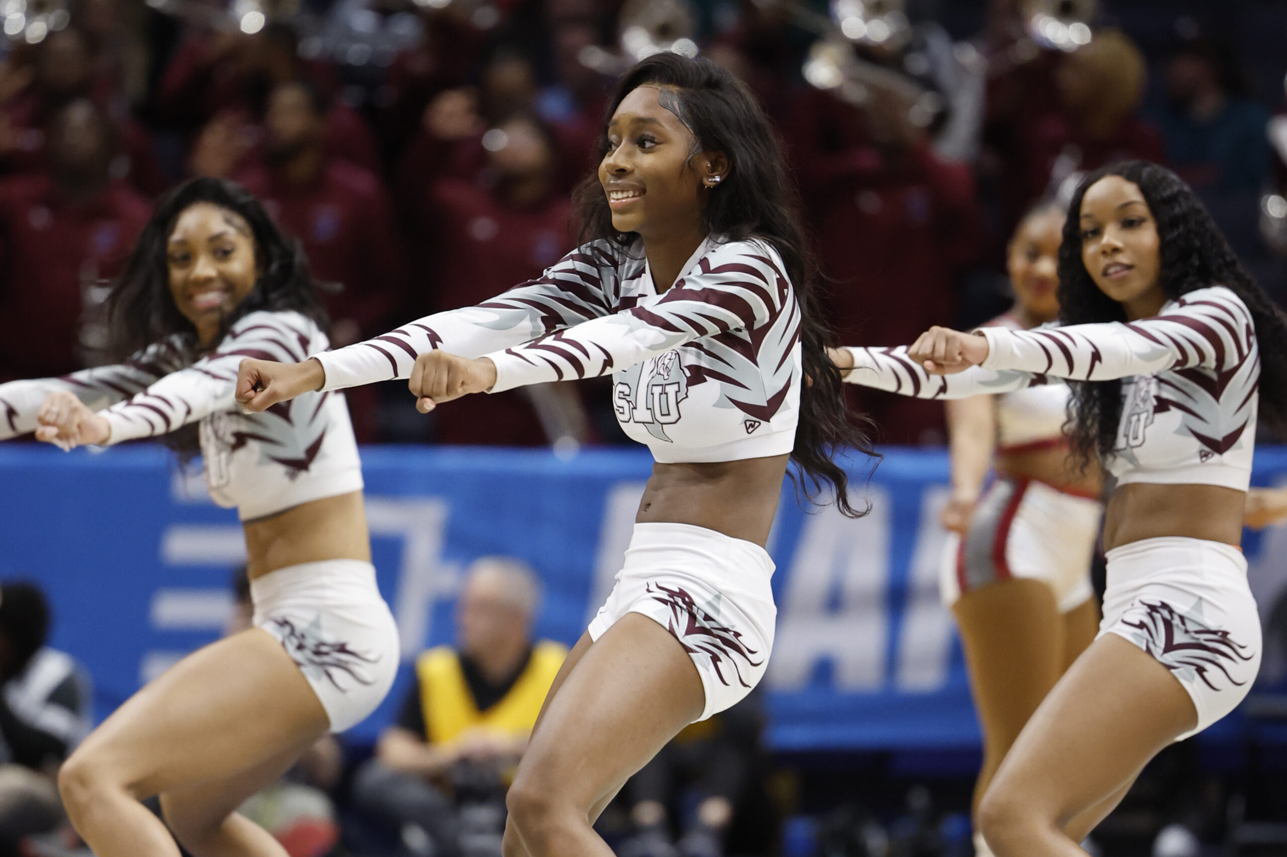 Mar 15, 2023; Dayton, OH, USA; Texas Southern Tigers cheerleaders in the second half against the Fairleigh Dickinson Knights at UD Arena. Mandatory Credit: Rick Osentoski-Imagn Images