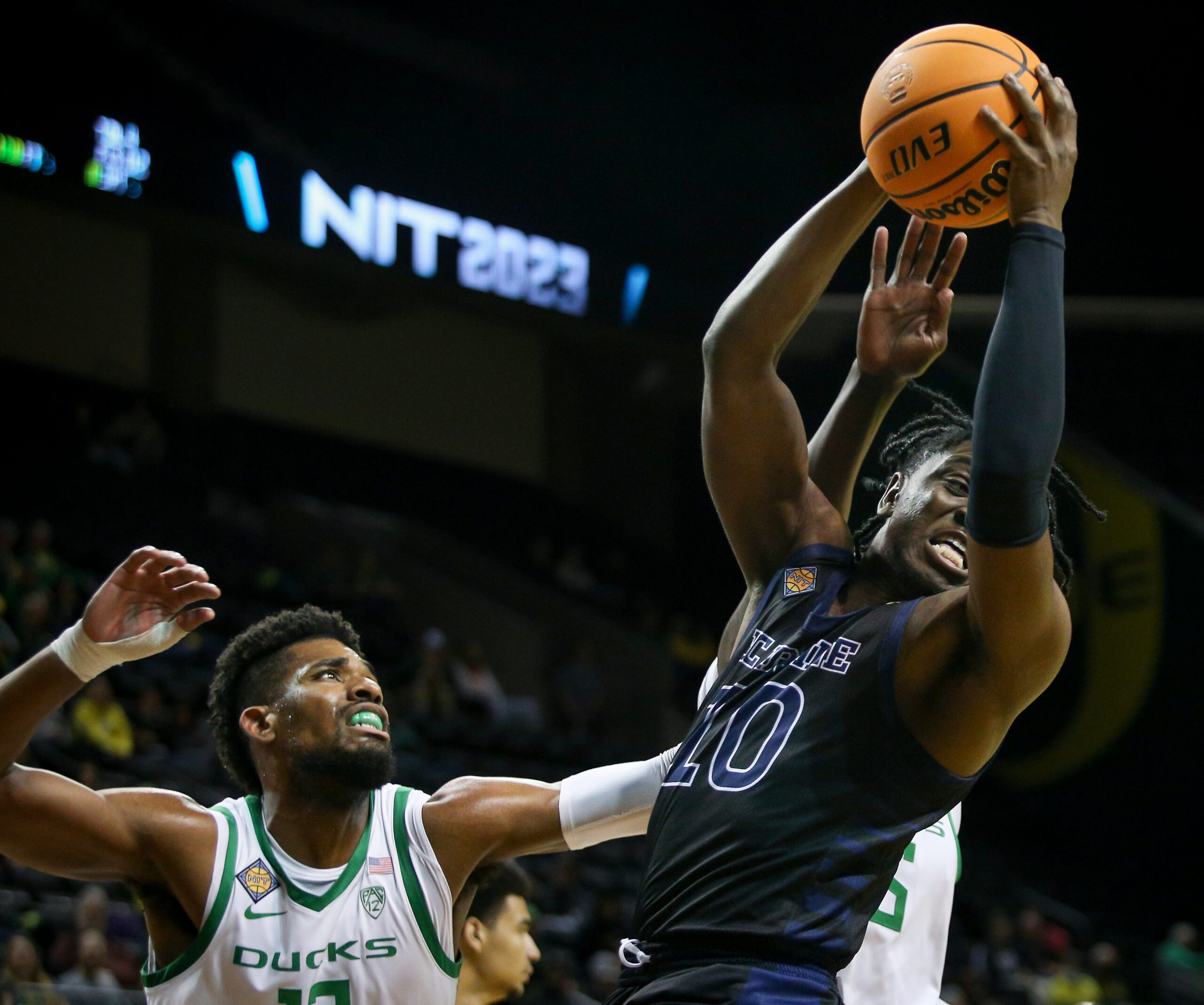 UC Irvine guard Ofure Ujadughele hauls in a rebound as the Oregon Ducks take on UC Irvine in their NIT opener Wednesday, March 15, 2023, at Matthew Knight Arena in Eugene, Ore.

Ncaa Basketball Oregon Men S Basketball Nit Opener Uc Irvine At Oregon