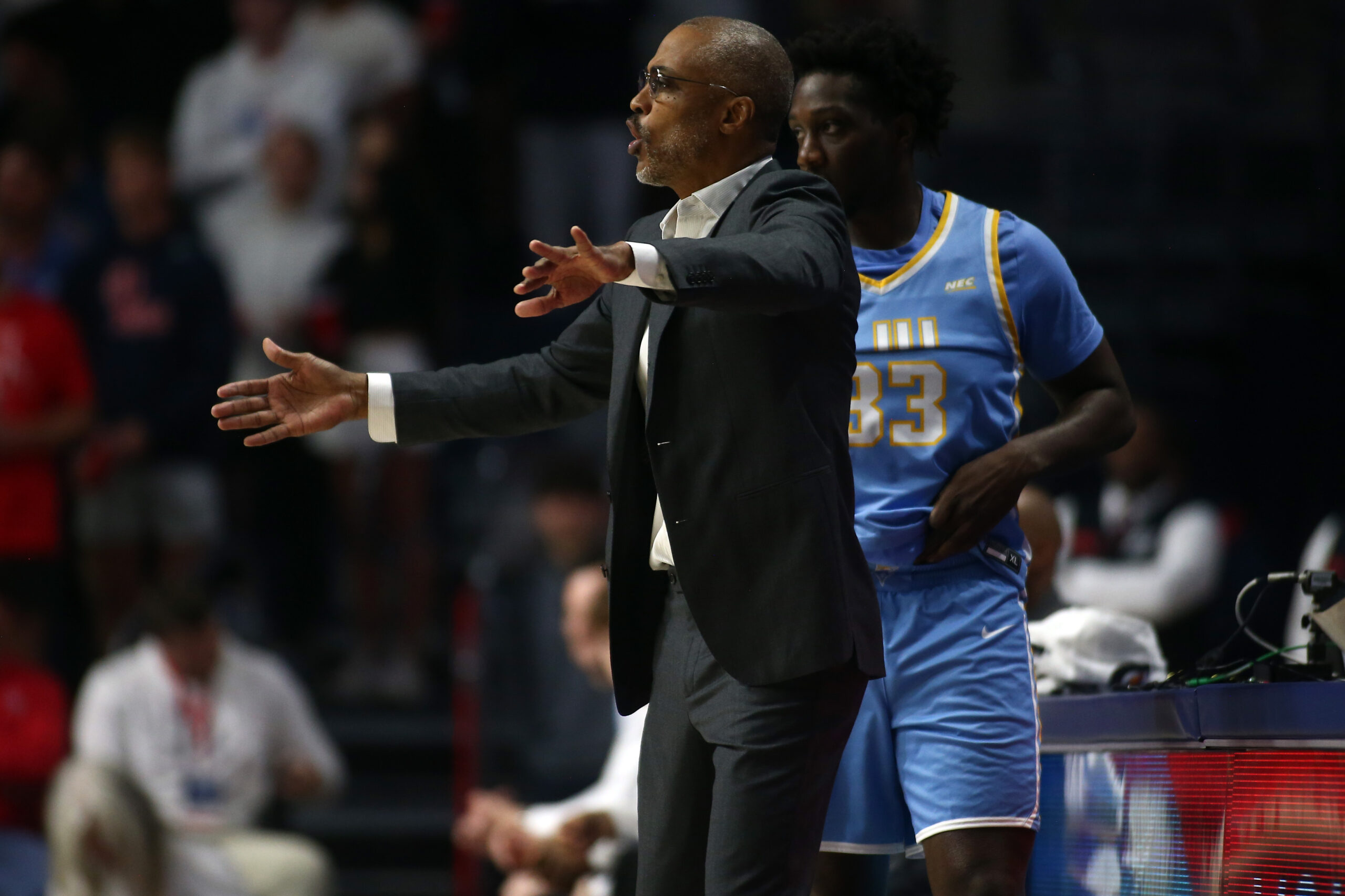 Nov 4, 2024; Oxford, Mississippi, USA; Long Island Sharks head coach Rod Strickland gives direction during the first half against the Mississippi Rebels at The Sandy and John Black Pavilion at Ole Miss. Mandatory Credit: Petre Thomas-Imagn Images