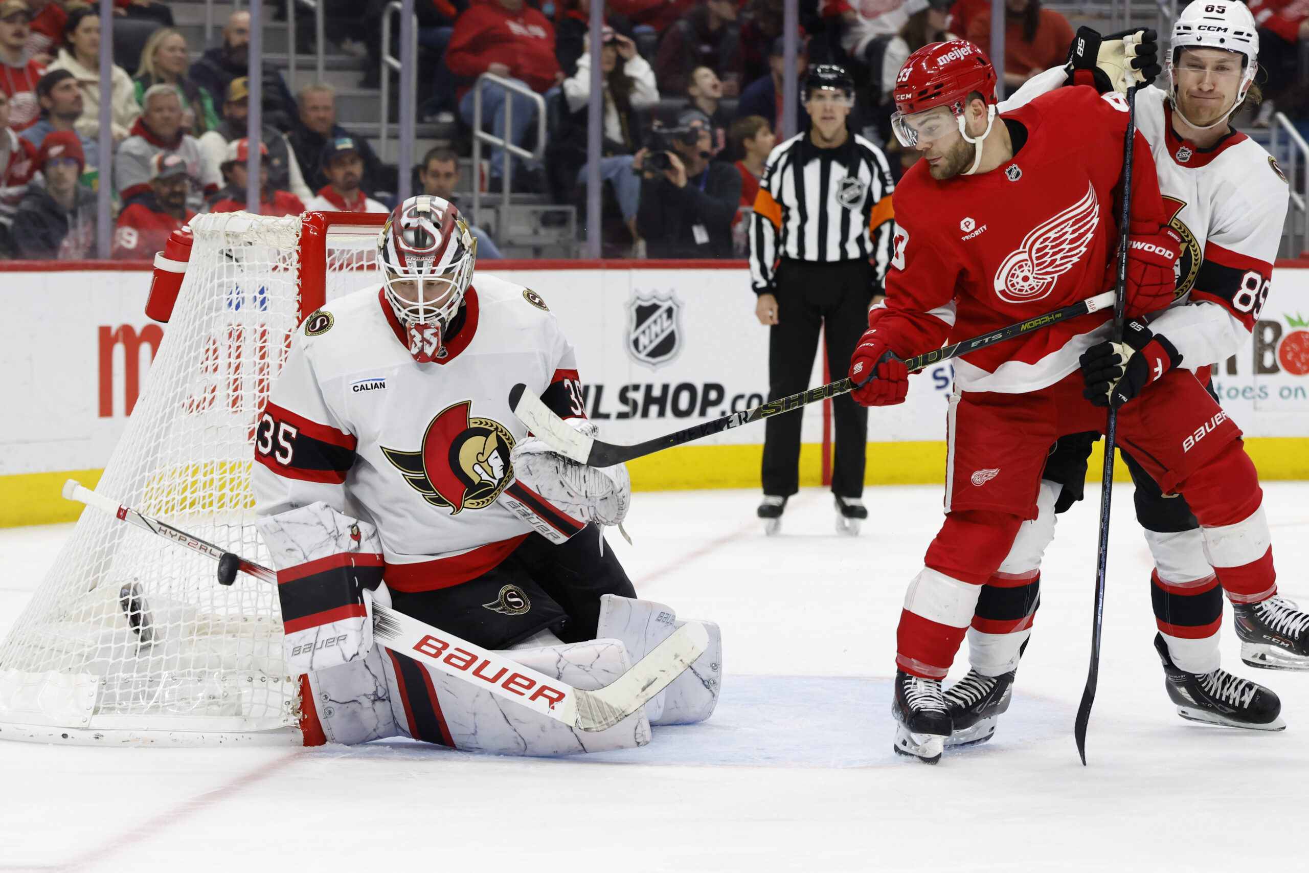 Mar 27, 2025; Detroit, Michigan, USA;  Ottawa Senators goaltender Linus Ullmark (35) makes a save in the second period against the Detroit Red Wings at Little Caesars Arena. Mandatory Credit: Rick Osentoski-Imagn Images
