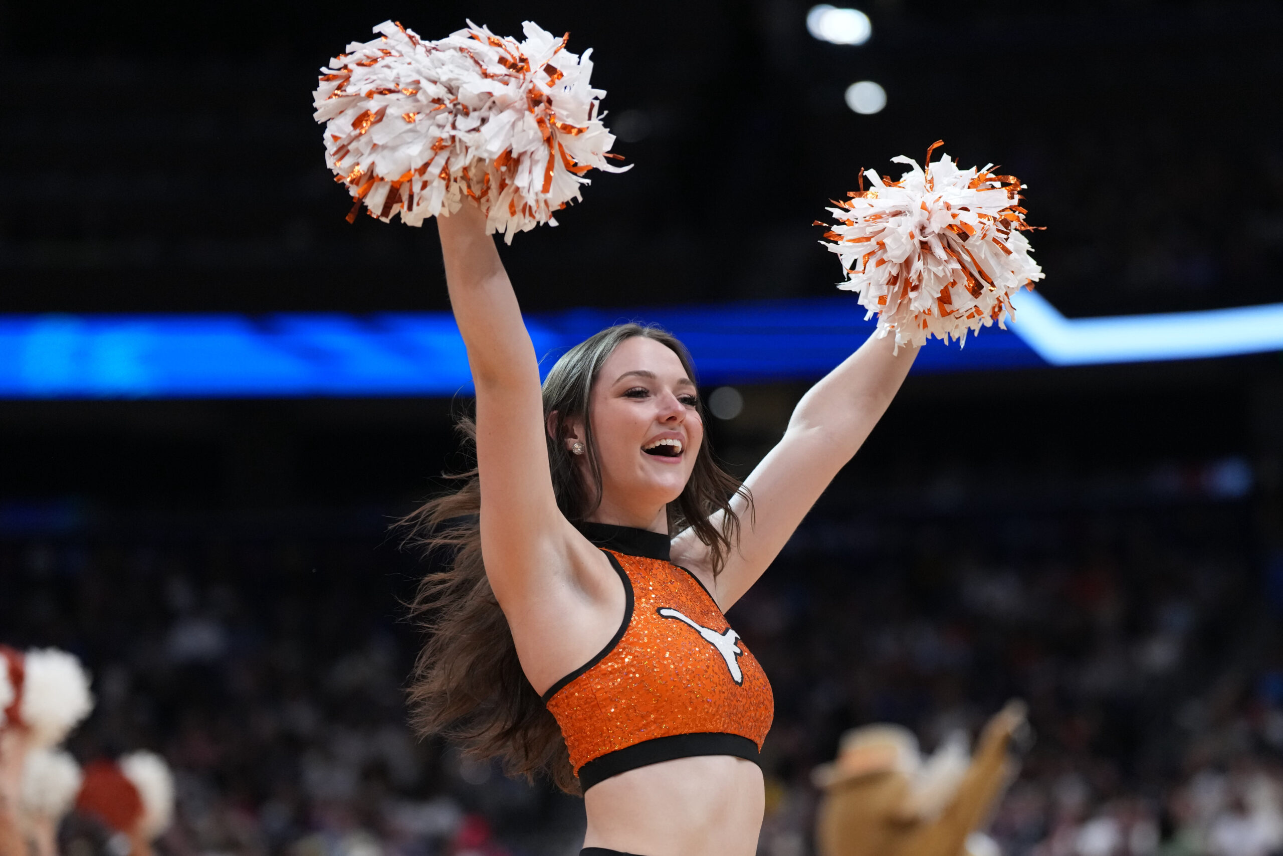 Apr 4, 2025; Tampa, FL, USA;  Texas Longhorns cheerleaders during the third quarter in a semifinal of the women's 2025 NCAA tournament against the South Carolina Gamecocks at Amalie Arena. Mandatory Credit: Kirby Lee-Imagn Images