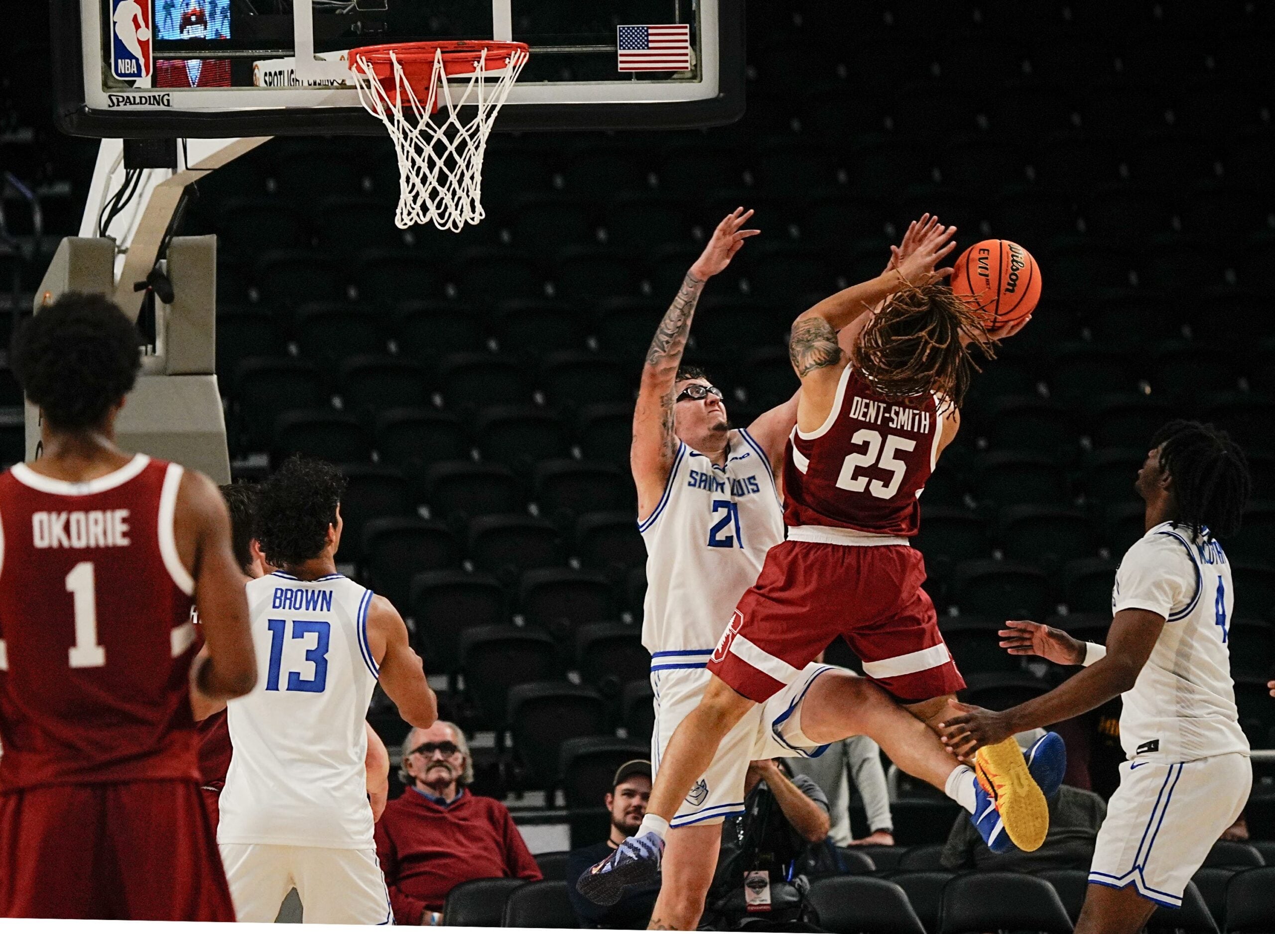 Jeremy Dent-Smith, 25, of Stanford shoots over Robbie Avila, 21, of St. Louis University in the Acrisure Invitational Champioship game at Acrisure Arena in Palm Desert, Calif., Nov. 28, 2025.