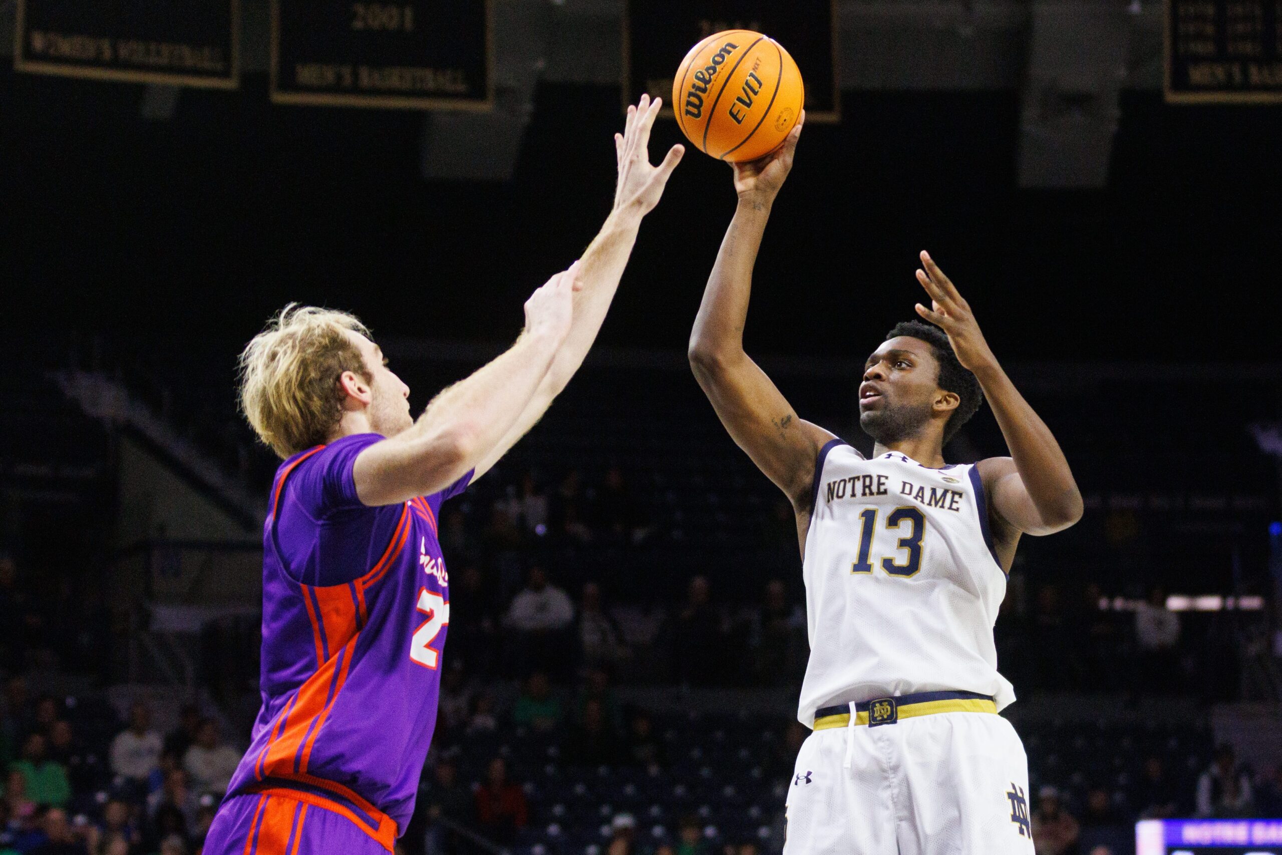 Notre Dame guard Sir Mohammed (13) shoots the ball during a NCAA men's basketball game against Evansville at Purcell Pavilion on Saturday, Dec. 13, 2025, in South Bend.