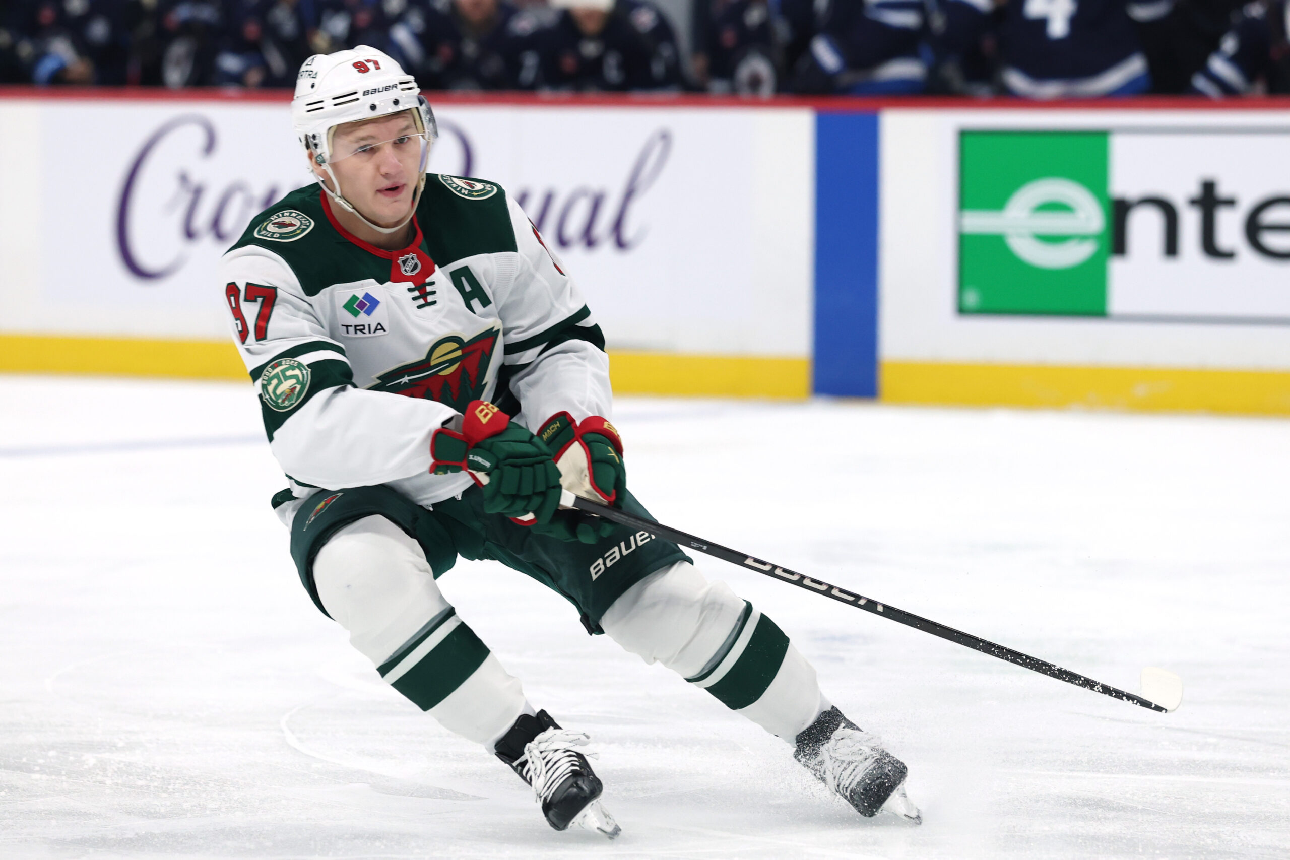 Dec 27, 2025; Winnipeg, Manitoba, CAN; Minnesota Wild left wing Kirill Kaprizov (97) skates through the offensive zone against the Winnipeg Jets in the first period at Canada Life Centre. Mandatory Credit: James Carey Lauder-Imagn Images