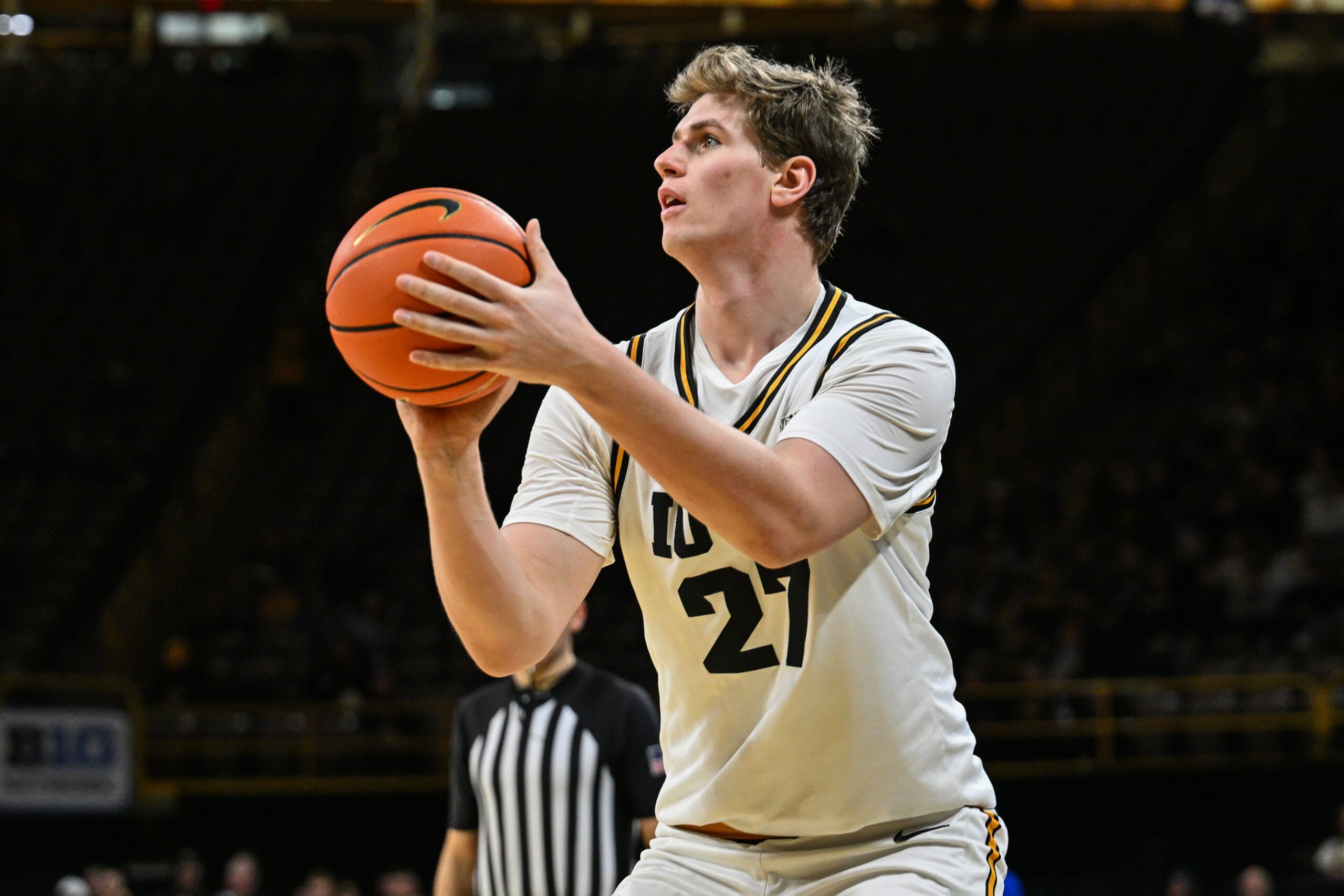 Dec 29, 2025; Iowa City, Iowa, USA; Iowa Hawkeyes center Trevin Jirak (27) shoots the ball during the second half against the UMass Lowell River Hawks at Carver-Hawkeye Arena. Mandatory Credit: Jeffrey Becker-Imagn Images