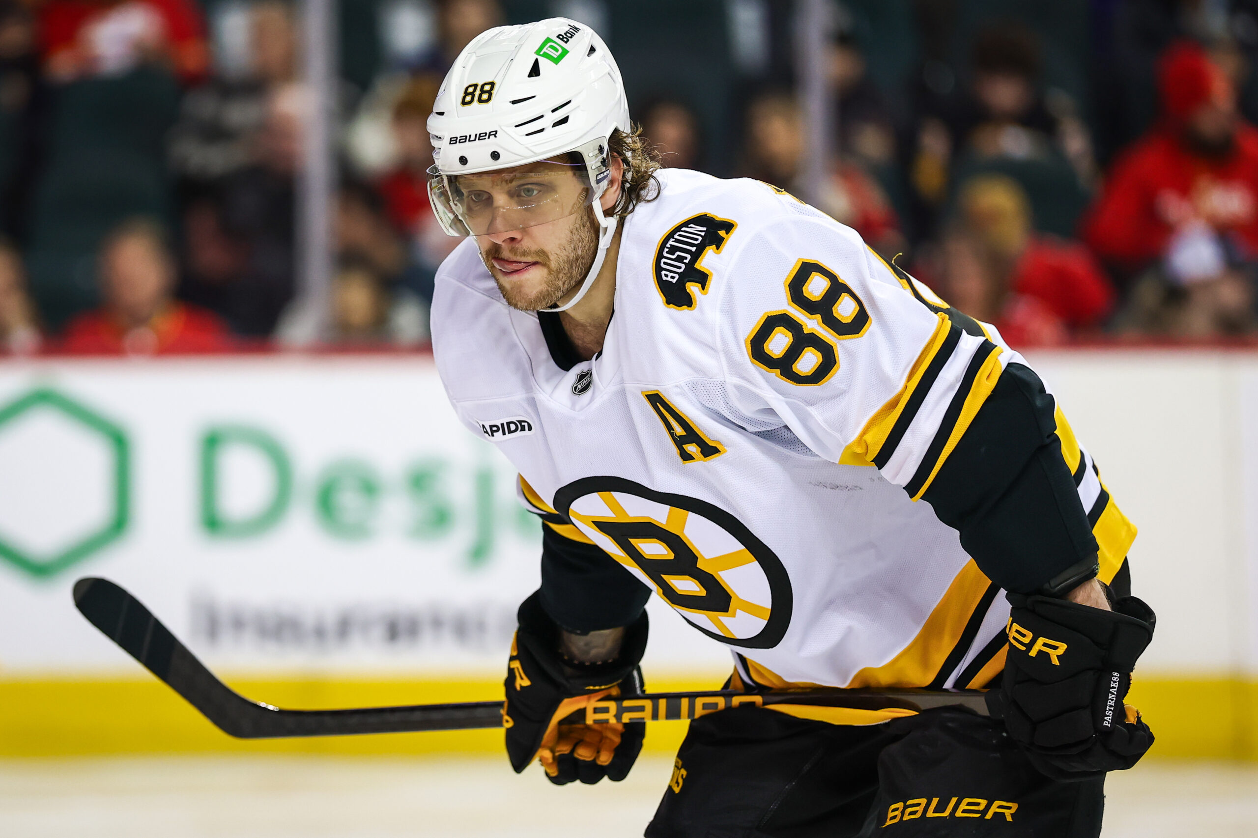 Dec 29, 2025; Calgary, Alberta, CAN; Boston Bruins right wing David Pastrnak (88) during the third period against the Calgary Flames at Scotiabank Saddledome. Mandatory Credit: Sergei Belski-Imagn Images