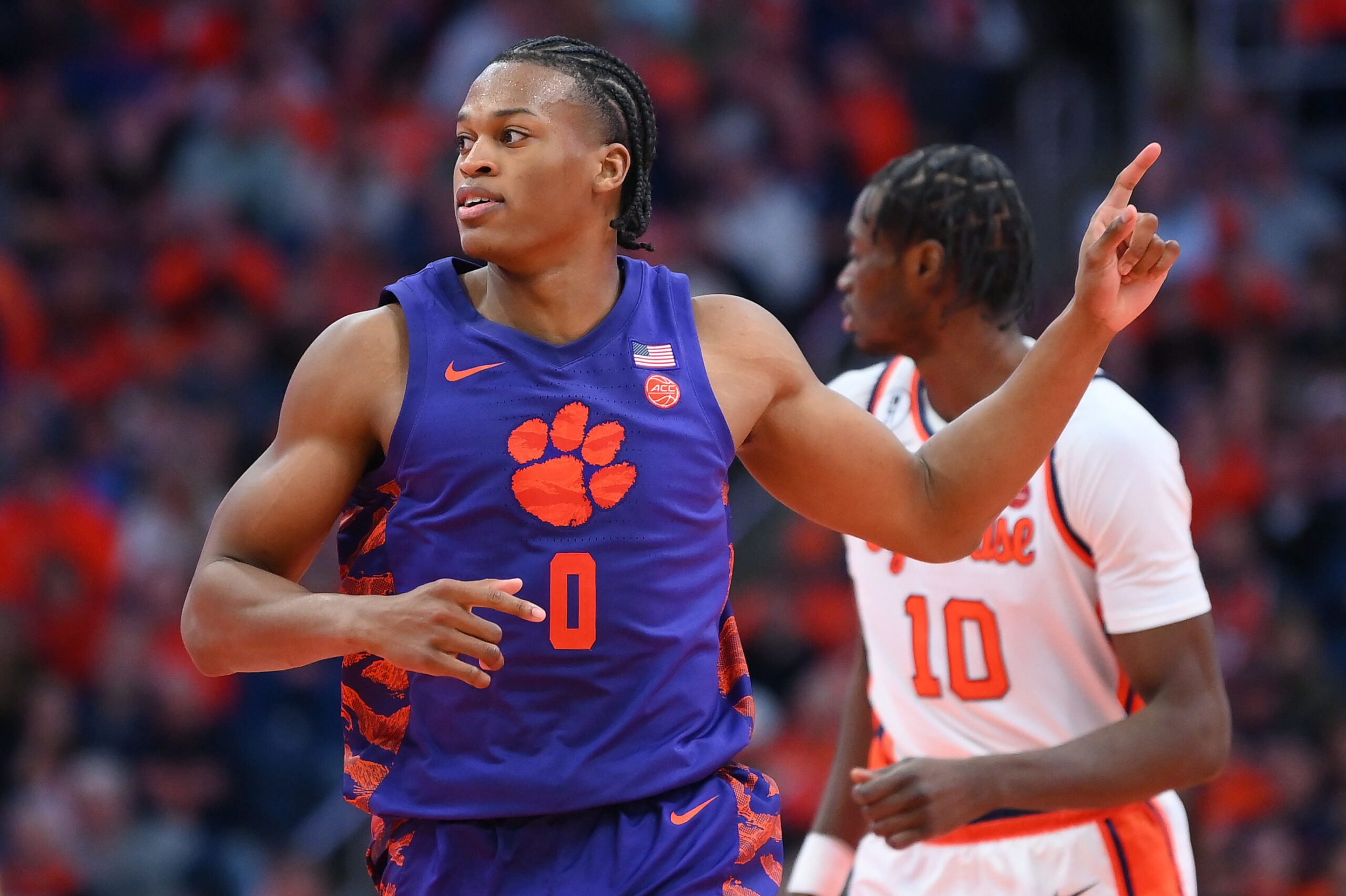Dec 31, 2025; Syracuse, New York, USA; Clemson Tigers forward RJ Godfrey (0) reacts to a play against the Syracuse Orange during the second half at the JMA Wireless Dome. Mandatory Credit: Rich Barnes-Imagn Images