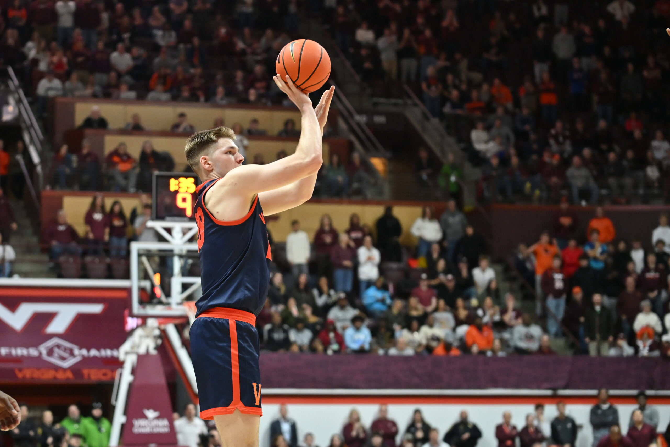 Dec 31, 2025; Blacksburg, Virginia, USA;  Virginia Cavaliers forward Thijs de Ridder (28) shoots a shot during the third overtime at Cassell Coliseum. Mandatory Credit: Brian Bishop-Imagn Images