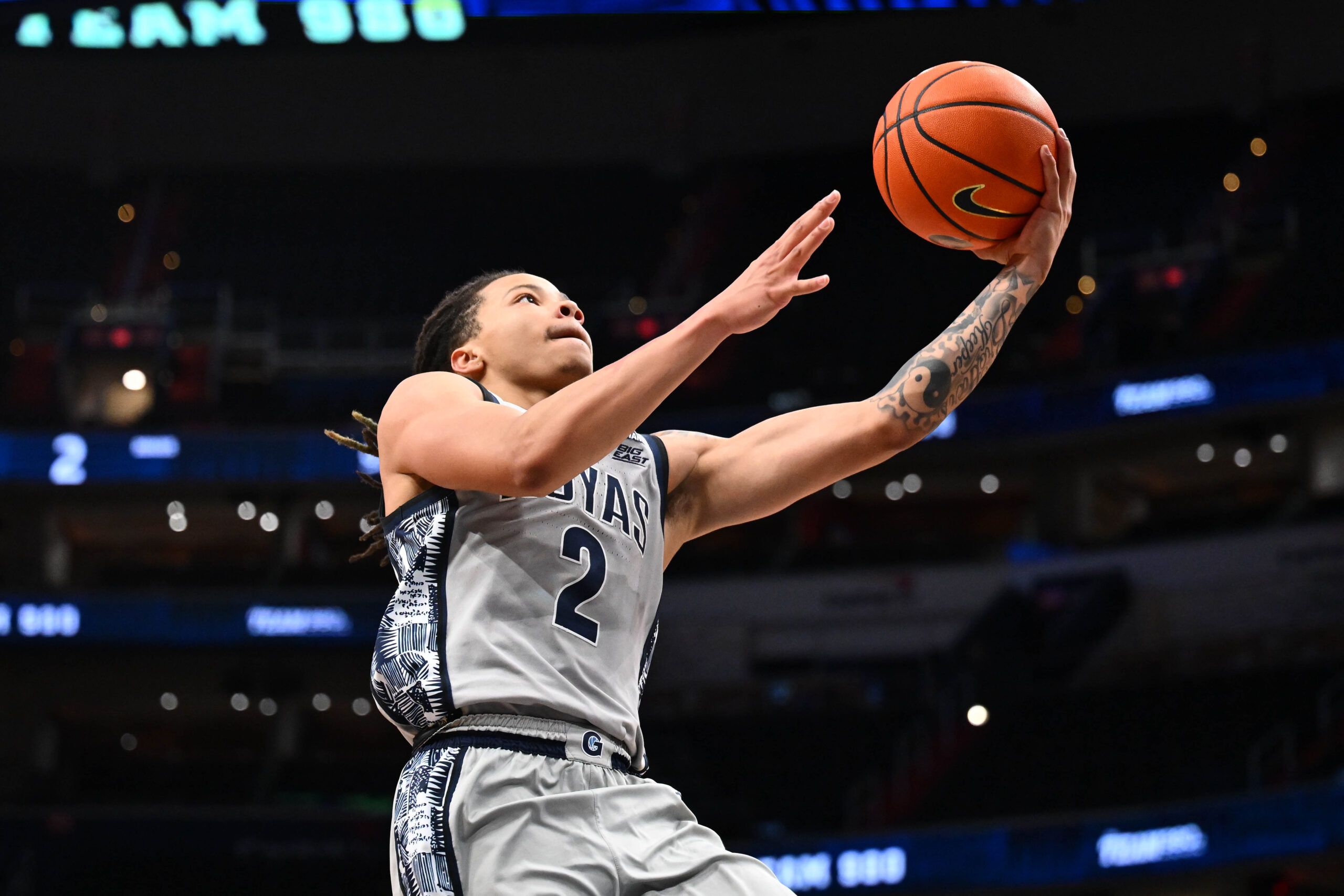 Dec 31, 2025; Washington, District of Columbia, USA; Georgetown Hoyas guard Malik Mack (2) shoots against the St. John's Red Storm during the second half at Capital One Arena. Mandatory Credit: Brad Mills-Imagn Images