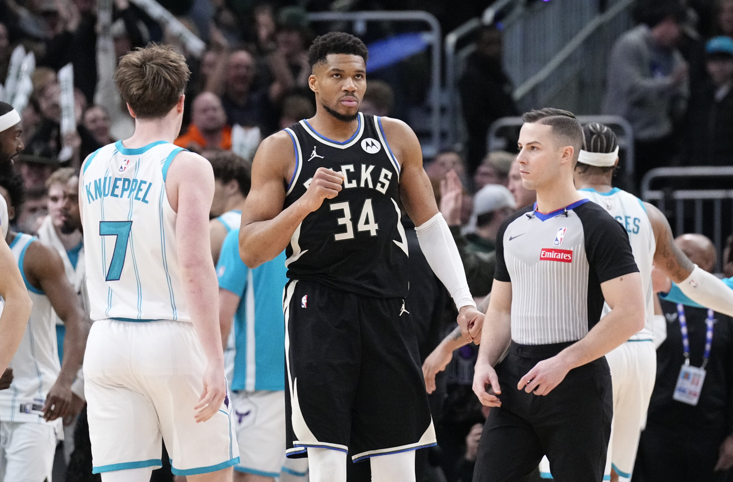 Jan 2, 2026; Milwaukee, Wisconsin, USA; Milwaukee Bucks forward Giannis Antetokounmpo (34) celebrates a 122-121 win over the Charlotte Hornets at Fiserv Forum. Mandatory Credit: Michael McLoone-Imagn Images