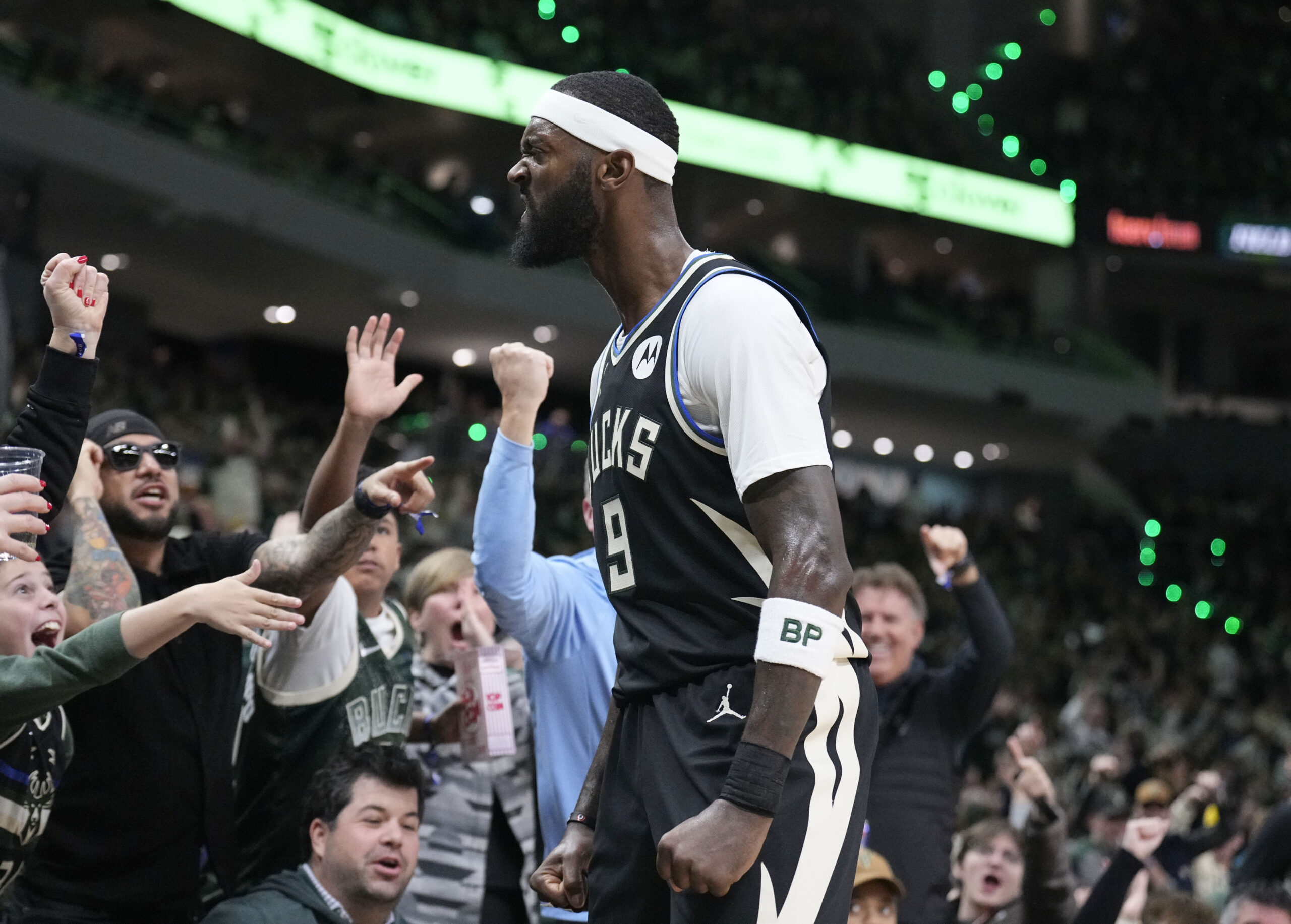 Jan 2, 2026; Milwaukee, Wisconsin, USA; Milwaukee Bucks forward Bobby Portis (9) celebrates after a made 3 point shot against the Charlotte Hornets at Fiserv Forum. Mandatory Credit: Michael McLoone-Imagn Images