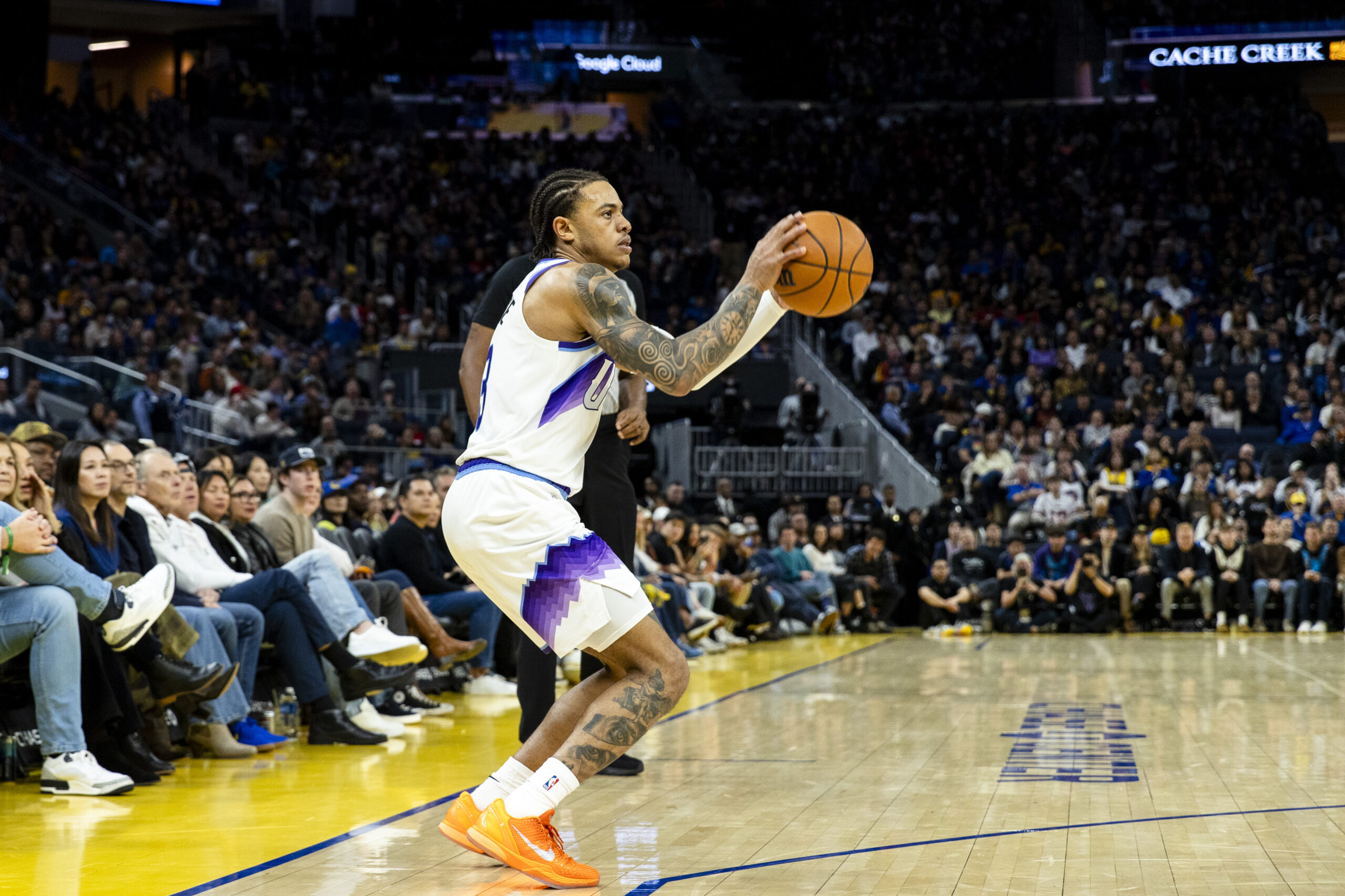 Jan 3, 2026; San Francisco, California, USA;  Utah Jazz guard Keyonte George (3) takes a three-point shot against the Golden State Warriors during the fourth quarter at Chase Center. Mandatory Credit: John Hefti-Imagn Images