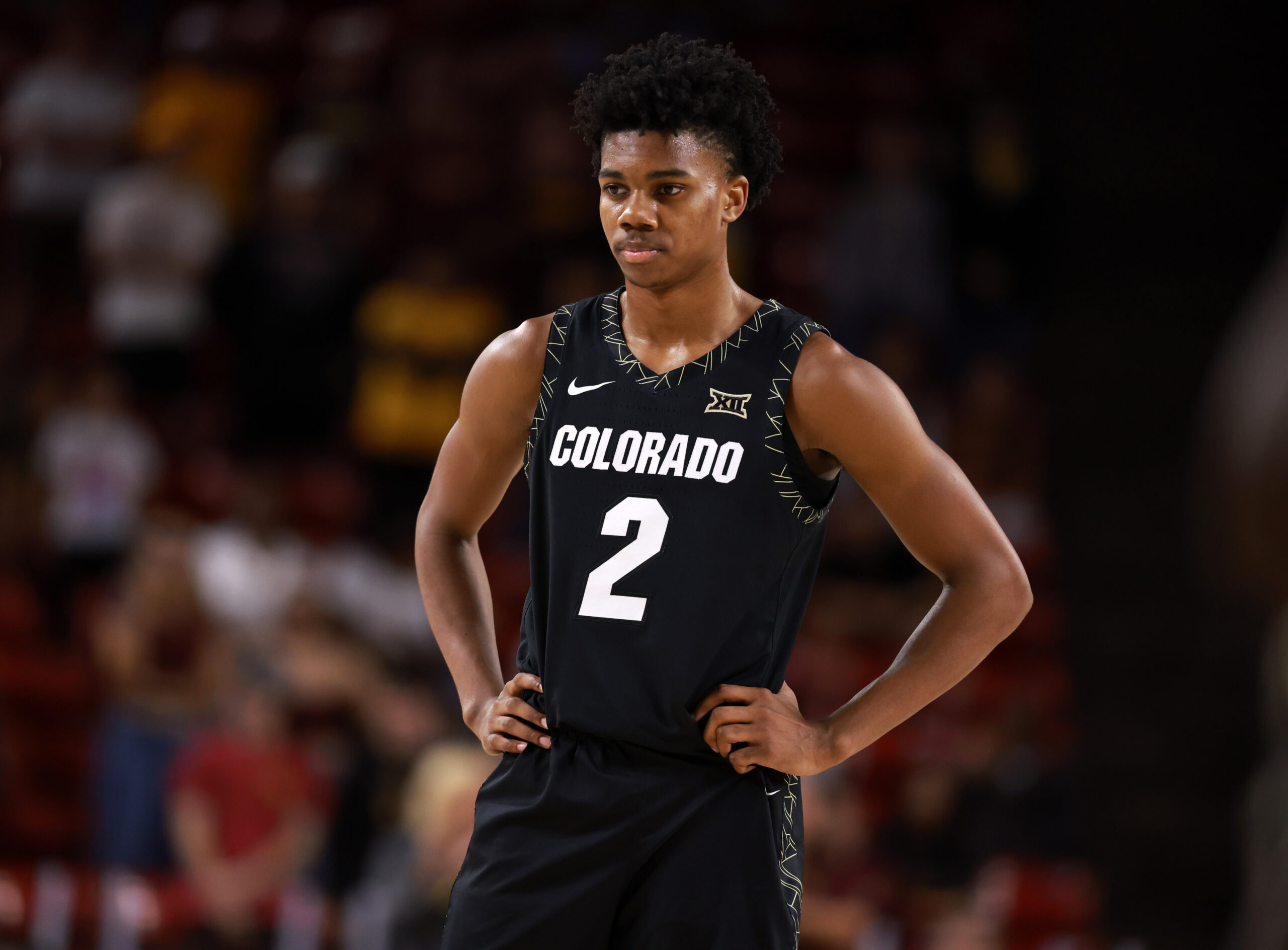 Jan 3, 2026; Tempe, Arizona, USA; Colorado Buffaloes guard Isaiah Johnson (2) against the Arizona State Sun Devils at Desert Financial Arena. Mandatory Credit: Mark J. Rebilas-Imagn Images