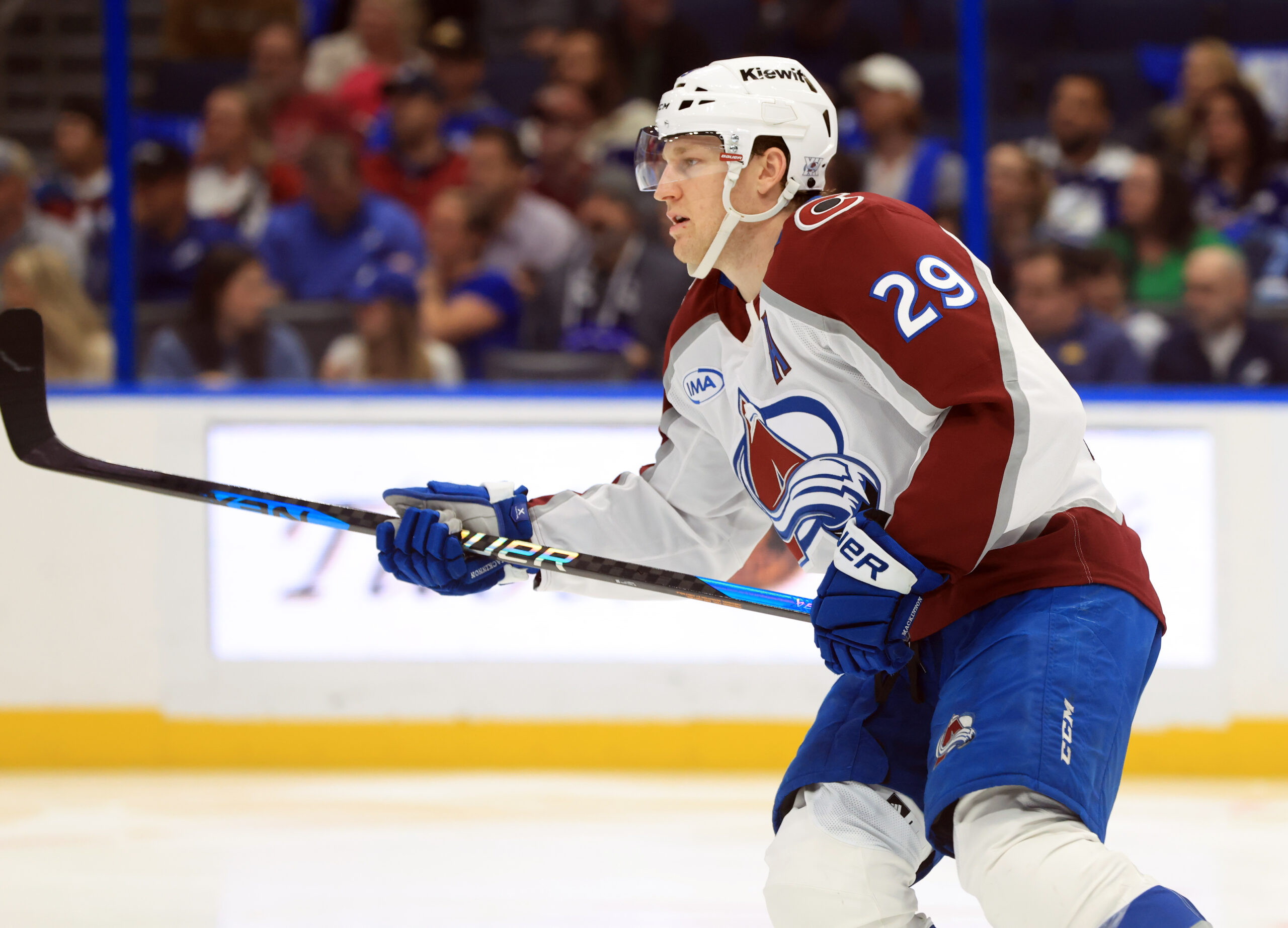 Jan 6, 2026; Tampa, Florida, USA; Colorado Avalanche center Nathan MacKinnon (29) skates against the Tampa Bay Lightning during the third period at Benchmark International Arena. Mandatory Credit: Kim Klement Neitzel-Imagn Images