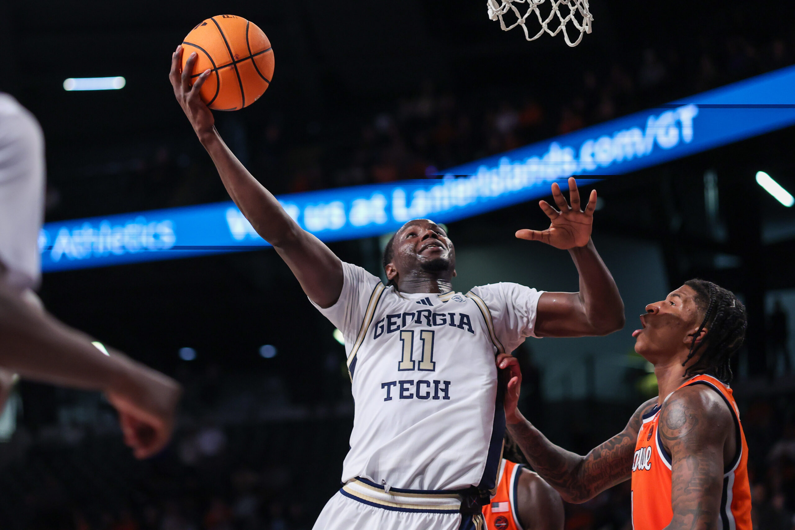 Jan 6, 2026; Atlanta, Georgia, USA; Georgia Tech Yellow Jackets forward Baye Ndongo (11) shoots against the Syracuse Orange in the second half at McCamish Pavilion. Mandatory Credit: Brett Davis-Imagn Images