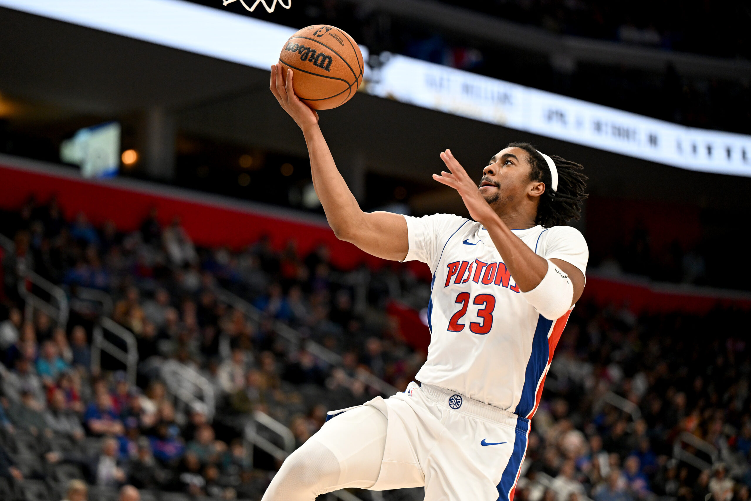 Jan 7, 2026; Detroit, Michigan, USA; Detroit Pistons guard Jaden Ivey (23) shoots the ball against the Chicago Bulls in the second quarter at Little Caesars Arena. Mandatory Credit: Lon Horwedel-Imagn Images