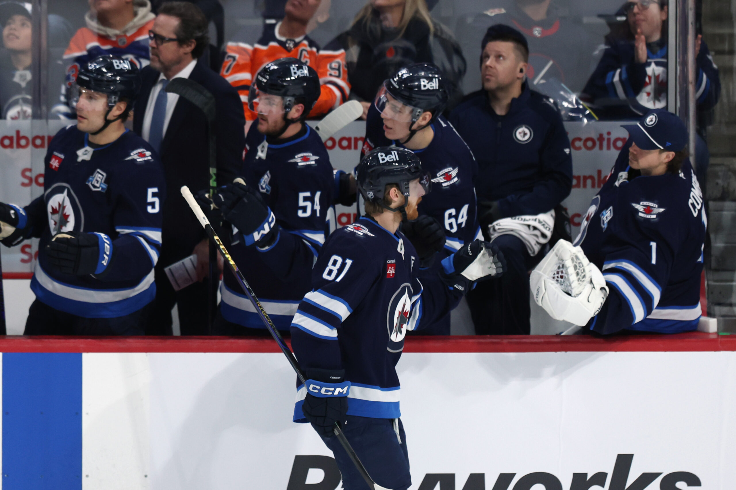 Jan 8, 2026; Winnipeg, Manitoba, CAN; Winnipeg Jets left wing Kyle Connor (81) celebrates a goal against the Edmonton Oilers in the first period  at Canada Life Centre. Mandatory Credit: James Carey Lauder-Imagn Images